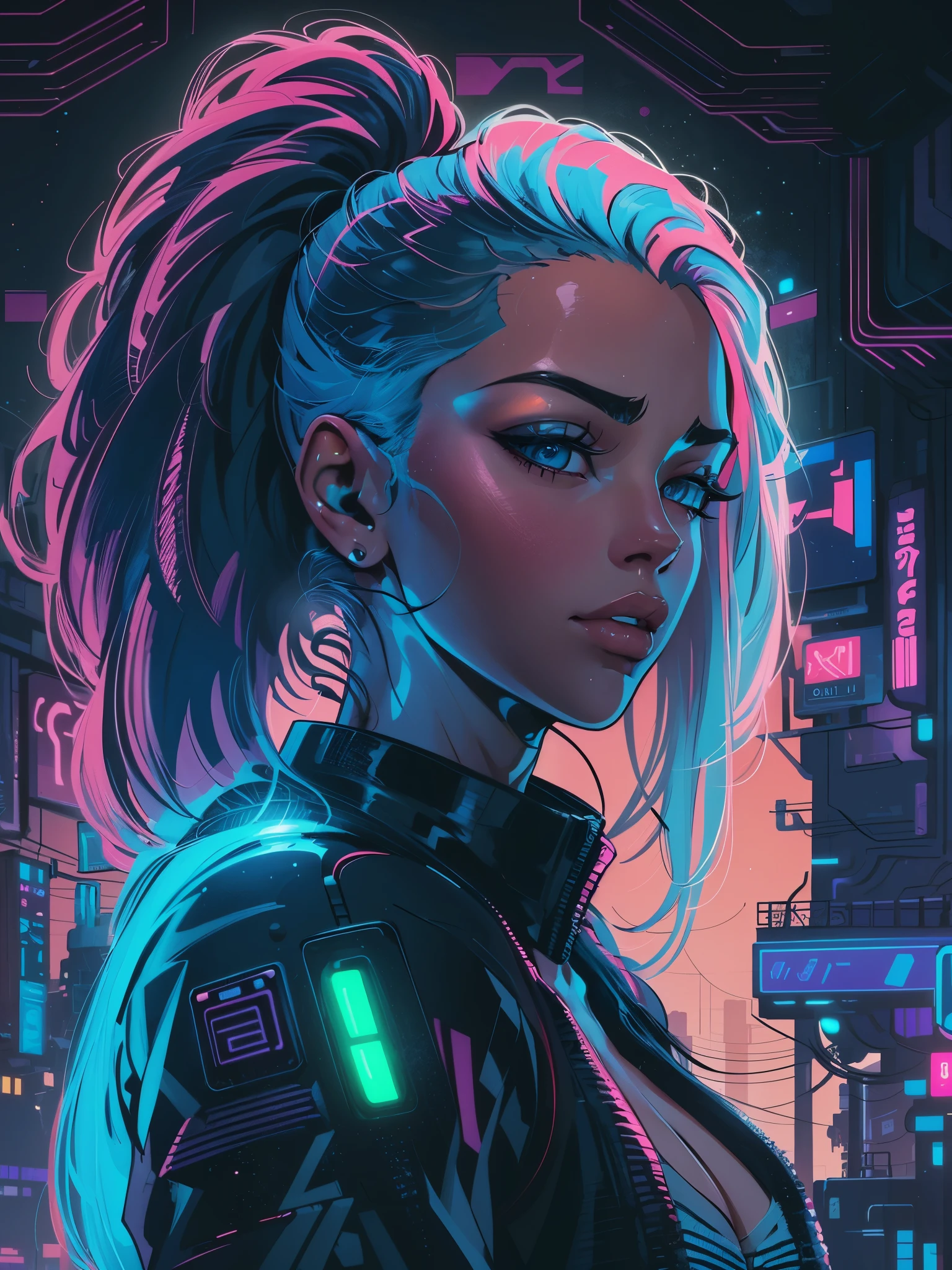 a digital painting of a woman with blue hair, cyberpunk art by Josan Gonzalez, behance contest winner, afrofuturism, synthwave, neon, glowing neon