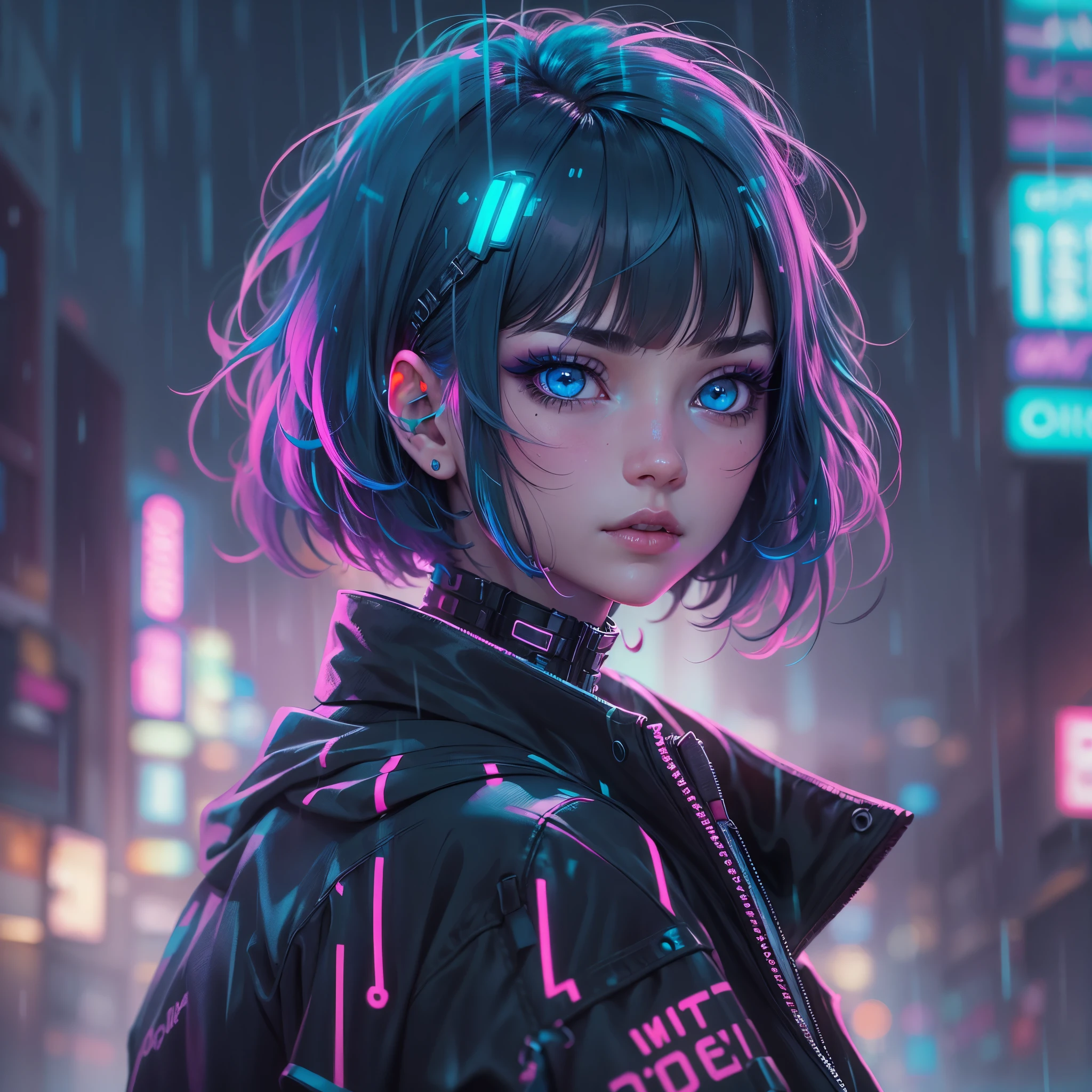 cyberpunk girl, blue eyes, black eyeshadow, pink eyeliner, short hair, pop haircut, rainy, short jacket, neon light