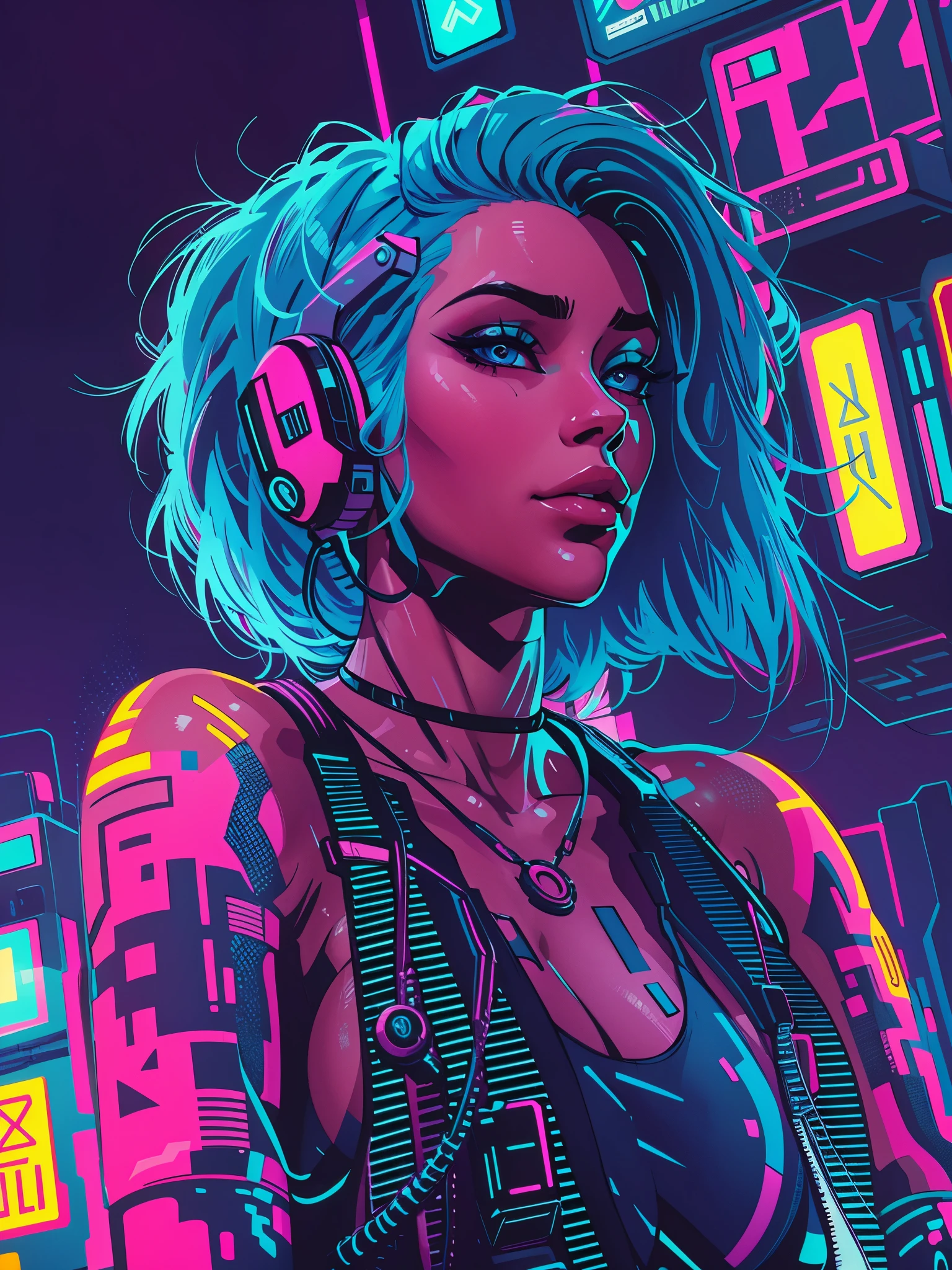 a digital painting of a woman with blue hair, cyberpunk art by Josan Gonzalez, behance contest winner, afrofuturism, synthwave, neon, glowing neon
