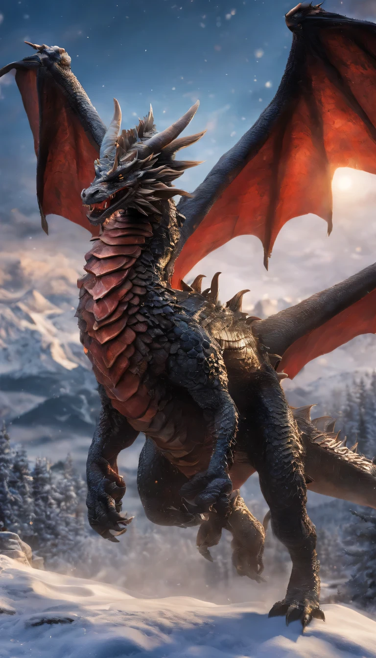 snow,克苏鲁蛇dragon特征怪兽1:600 miniatures,3D equidistant,Bright black platinum wire giant wings,square teeth,light blue eyes,Four claws,twilight,full body portrait,sideways,cloud,realistic pictures,extremely happy,game character,The upward view is exaggerated,Magic Cave,red background,(((masterpiece))),(((best quality))(super detailed)(Detail lightsing)((serene))(masterpiece)(best quality)(super detailed)(realistic pictures),(Detail lights)),((dragon)),((lightning在爪)),lightning围绕着dragon,lightning