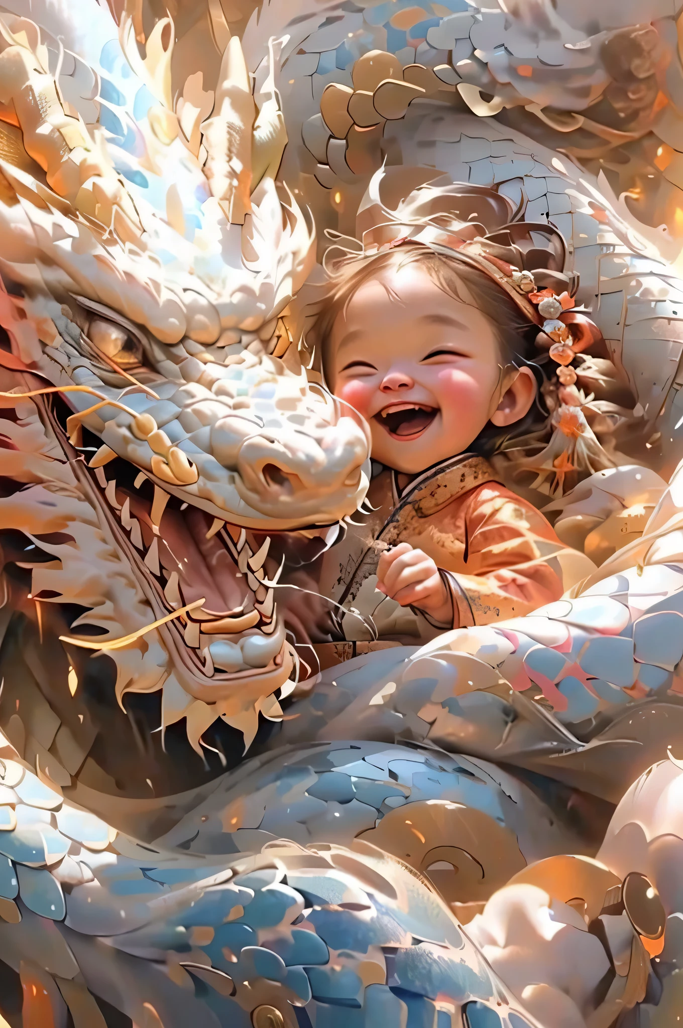 There is a Chinese dragon behind it，There are 2 corners，happy female dragon ，laughing out loud(in humanoid form), immense power, wisdom, and connection to fire, Dragon Characteristics,scales, wing, Sensible, ancient existence, knowledge , fantasy adolescence, tilt, Asian。 brown eyes, normal ear, button nose, Uneven cheeks, symmetrical forehead, Clear Achilles tendon, , light brown box braid, 开心的提着灯笼🏮 萨满, healing water , Engaging in alchemical experiments, Change elements with magic, Light from another world Light from another world, There is the sound of firecrackers🧨，超级开心laughing out loud，celebrate New Year，