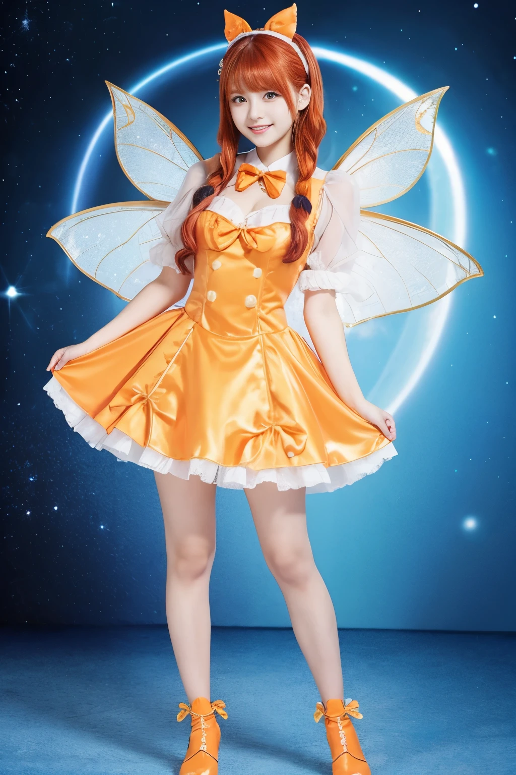 fairy tale idol、good style、、shiny orange costume、whole body、、colorful hair、、