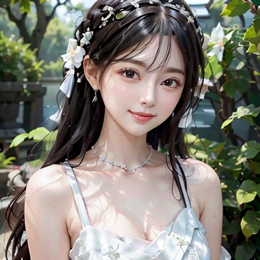 highest quality, ultra nothing, realistic, A photo of a beautiful and cute Japanese woman, detailed face, Beautiful black hair, (detailed porcelain dolls,white dress with detailed details), Mansion Pool, (Close up head from collarbone), fascinating look, looking at the viewer, happy smile, Bright lighting, 10 years old