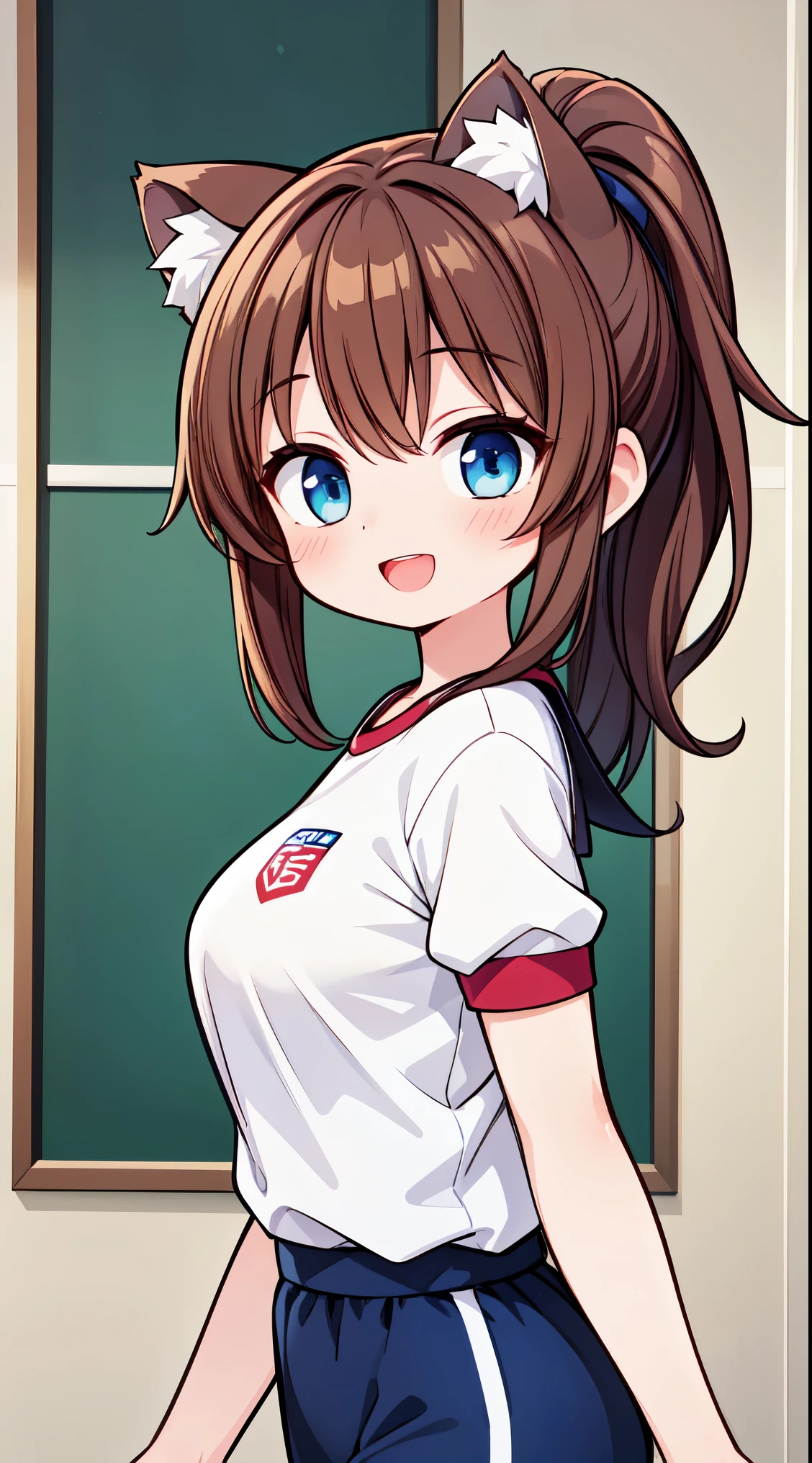 (super fine illustration:1.2),(masterpiece, 8k), (best quality, high quality:1.4), perfect anatomy, hyper detailed, ultra detailed,masterpiece background,beautiful detailed background, v8k wallpaper,perfect design,award-winning art,atmospheric,
BREAK, (Cute:1.5),(Chibi:0.6),(kawaii:1.5),(:0.5),BREAK,1 beautiful girl, (17 years old girl), Very detailed, colourfull, highest details, BREAK, (Huge breasts: 1. 2), Clear skin, Beautiful skin, Shy skin, 1 beautiful girl, (Brown hair:1.75), (fluffy Big cat ears, Ponytail, medium-Long hair: 1. 2), (Light blue eyes, long eyelashes, Double eyelids: 1. 2),Solo,gleaming skin, Clear skin, Beautiful skin,(best quality face),(Top quality glowing eyes),(The best smile,:D:1.45), nose blush, sleepy, grin, open mouth, skin,Clear skin, Beautiful skin,( A smile:1.5),
BREAK white ribbon,((white shirt)),((gym navy blue clothes)),white sox,standing,whole body,High five,school classroom,
BREAK,wakame,wakame,wakame,(from side,cowboy shot:1.5) , hanging breasts, nose blush, heavy breathing, steam, ((:o):1.2)
BREAK,(Blurry background:1.3),(absurderes, hight resolution, Super Detail Art),cel shading,Clear Color, Lonely optical effect, Beautiful pictures, Bright glow, mystic atmosphere,(Close-up of girl:0.8), Mystical light particle effect,manga influence, clean line drawings