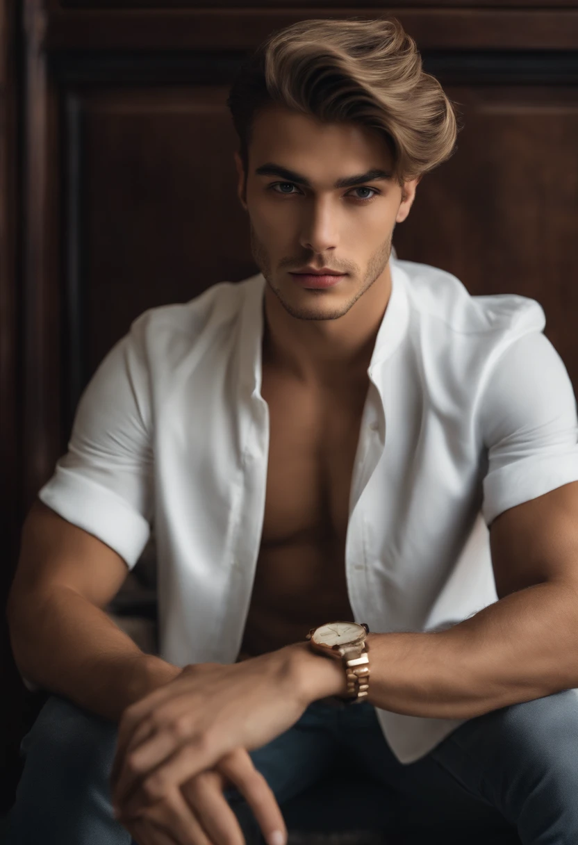 Homem branco jovem, de cabelo curto e loiro etnia europeia, sem camisa e forte. Ele deve estar de costas, dentro de um quarto moderno de dia. Dentro de um apartamento.