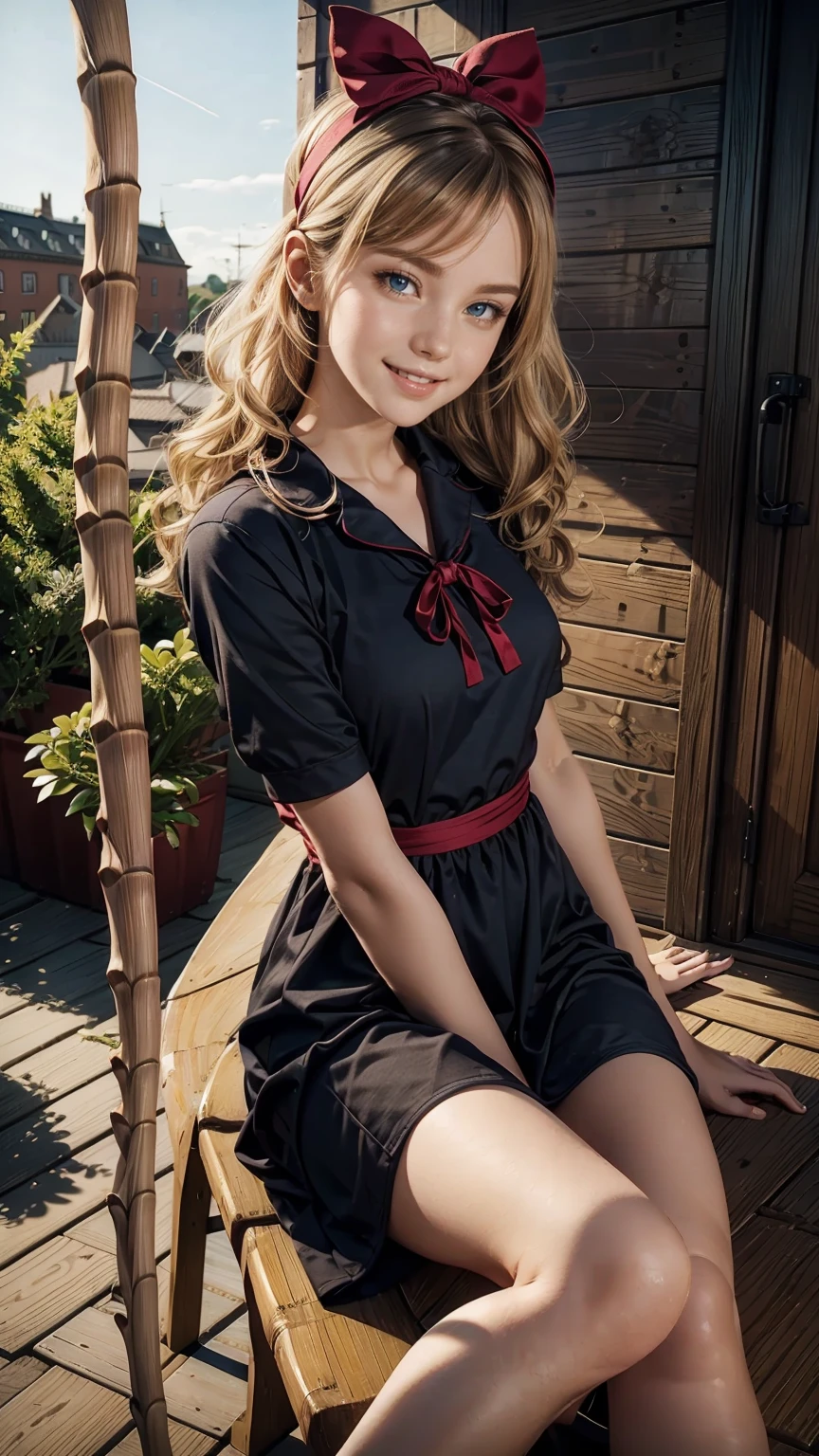 A 23-year-old white woman with unparalleled beauty.、blue eyes、dark blonde、hair is wavy、bob hair、She wears a red ribbon headband on her head.、The ends of the hair are curled upwards、smile、Slender yet well-proportioned body、sunlight is shining from above、photorealistic images、8K quality、I don't want my head to disappear from the screen.、wearing a dark blue dress、wearing red shoes、I have a bamboo broom with a long stick.、There's a black cat next to me、smile、Ghibli、Witch's Delivery Service、kiki、I'm sitting on the roof of Gamla Stan in Stockholm.
