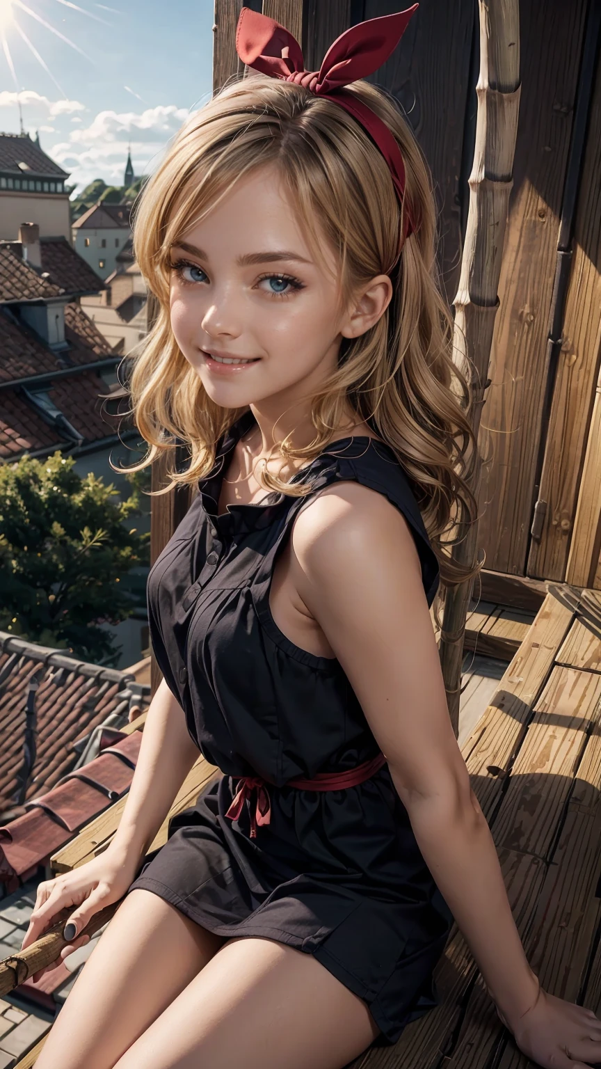 A 23-year-old white woman with unparalleled beauty.、blue eyes、dark blonde、hair is wavy、bob hair、She wears a red ribbon headband on her head.、The ends of the hair are curled upwards、smile、Slender yet well-proportioned body、sunlight is shining from above、photorealistic images、8K quality、I don't want my head to disappear from the screen.、wearing a dark blue dress、wearing red shoes、I have a bamboo broom with a long stick.、There's a black cat next to me、smile、Ghibli、Witch's Delivery Service、kiki、I'm sitting on the roof of Gamla Stan in Stockholm.