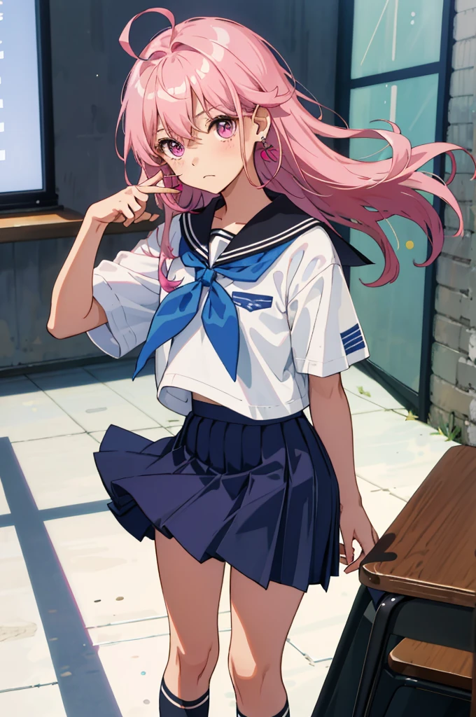 (Masterpiece), ((Best Quality)), (Super Detail), 1 Girl, Pink Hair, Small, Short Sture, Medium Long Hair, Ahoge, School, Classroom, 14 years old, School Uniform, Skirt, Socks, Serafuk, Neckerchief, Sailor Color, Pleated Skirt, White Socks, Blue Skirt, Short Sleeve, Shirt, White Shirt, Blue Sailor Color, Blue Neckerchief ,, Blush, Bangs, Frown, Pink Eyes, perfect hand, hand detail, modified fingers. earrings, looking_at_viewer, top quality, rich details, perfect image quality,