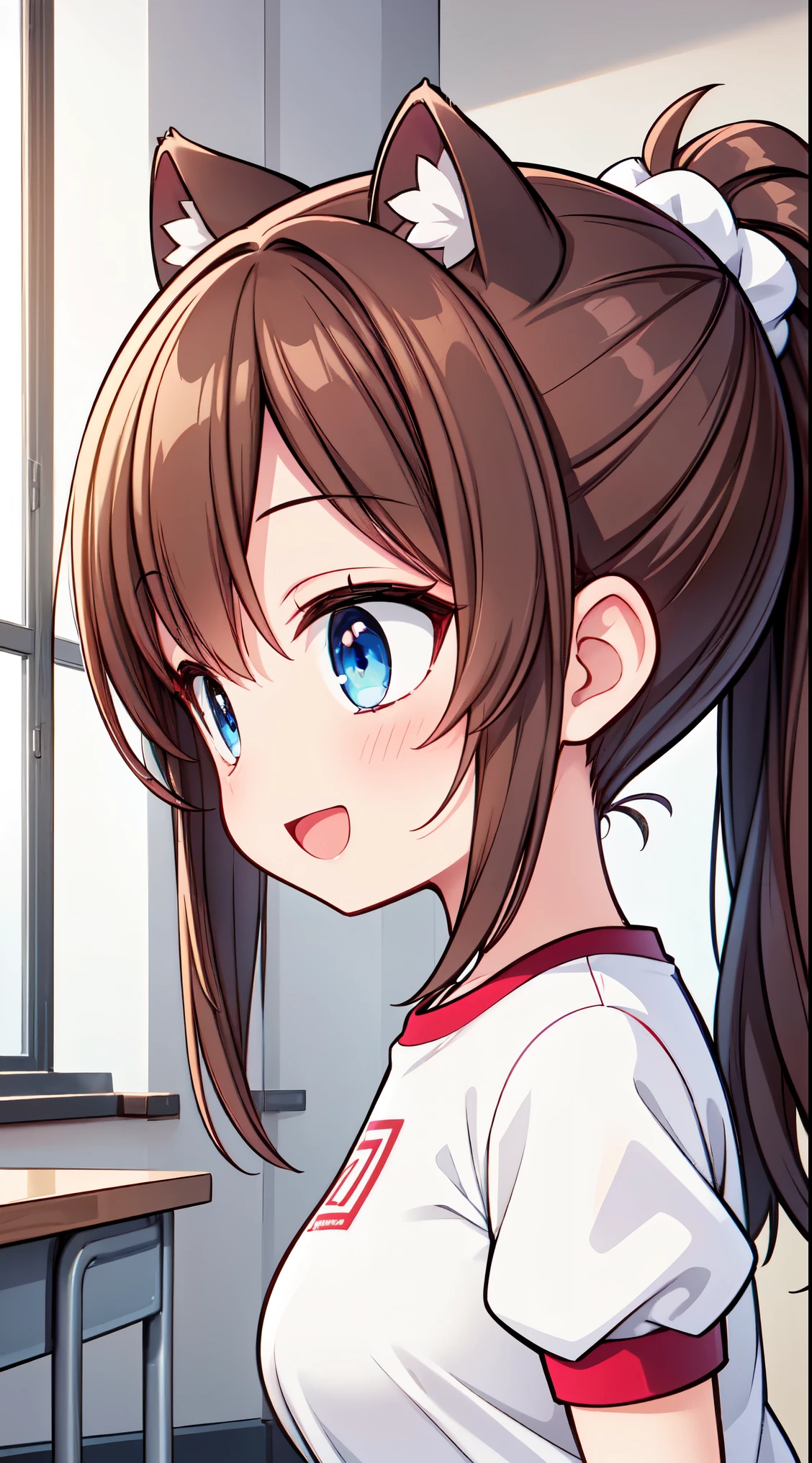 (super fine illustration:1.2),(masterpiece, 8k), (best quality, high quality:1.4), perfect anatomy, hyper detailed, ultra detailed,masterpiece background,beautiful detailed background, v8k wallpaper,perfect design,award-winning art,atmospheric,
BREAK, (Cute:1.5),(Chibi:0.6),(kawaii:1.5),(:0.5),BREAK,1 beautiful girl, (17 years old girl), Very detailed, colourfull, highest details, BREAK, (Huge breasts: 1. 2), Clear skin, Beautiful skin, Shy skin, 1 beautiful girl, (Brown hair:1.75), (fluffy Big cat ears, Ponytail, medium-Long hair: 1. 2), (Light blue eyes, long eyelashes, Double eyelids: 1. 2),Solo,gleaming skin, Clear skin, Beautiful skin,(best quality face),(Top quality glowing eyes),(The best smile,:D:1.45), nose blush, sleepy, grin, open mouth, skin,Clear skin, Beautiful skin,( A smile:1.5),
BREAK white ribbon,((white shirt)),((gym navy blue clothes)),white sox,standing,whole body,High five,school classroom,
BREAK,wakame,wakame,wakame,(from side,cowboy shot:1.5) , hanging breasts, nose blush, heavy breathing, steam, ((:o):1.2)
BREAK, an anime drawing,tone mapping,color field,Detailed Glow,Best Illumination,Super Detail,Best Light,High Resolution,Intricate Detail,Hyper Detail,