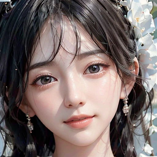 highest quality, ultra nothing, realistic, A photo of a beautiful and cute Japanese woman, detailed face, Beautiful black hair, (detailed porcelain dolls,white dress with detailed details), Mansion Pool, (Close up head from collarbone), fascinating look, looking at the viewer, happy smile, Bright lighting, 10 years old
