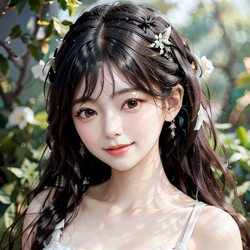 highest quality, ultra nothing, realistic, A photo of a beautiful and cute Japanese woman, detailed face, Beautiful black hair, (detailed porcelain dolls,white dress with detailed details), Mansion Pool, (Close up head from collarbone), fascinating look, looking at the viewer, happy smile, Bright lighting,