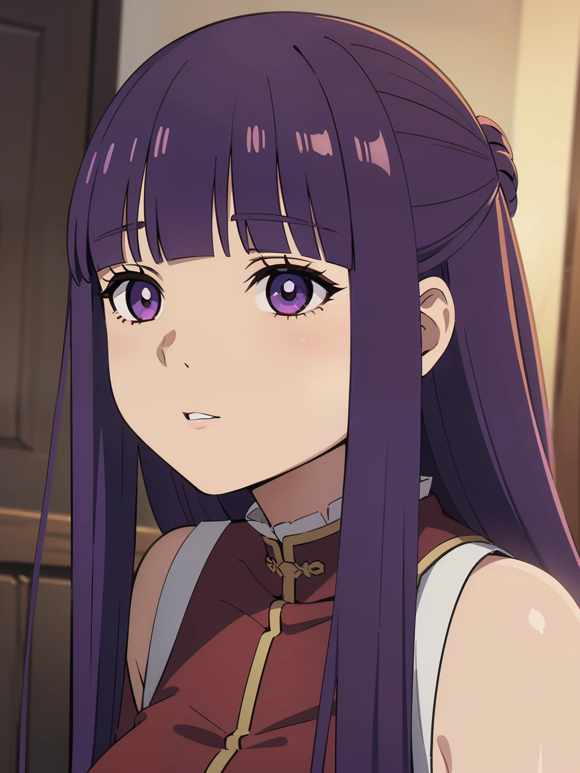 freirenfern, fern, purple hair, long hair, purple eyes, blunt bangs, sidelocks, half updo, bright pupils, (large breasts, 1 girl), BREAK Masterpiece, best quality, high resolution, 8K, official art, super resolution, extremely detailed and beautiful, extremely detailed, amazing and detailed, highly detailed beautiful girl, highly detailed face, highly detailed eyes, highly detailed skin, highly detailed fingers, highly detailed nose, very detailed mouth, perfect anatomy, BREAK Full body shot, extremely detailed CG unity 16k, very fine 16KCG wallpapers, light blush, China Cheongsam, chinece ancient,
