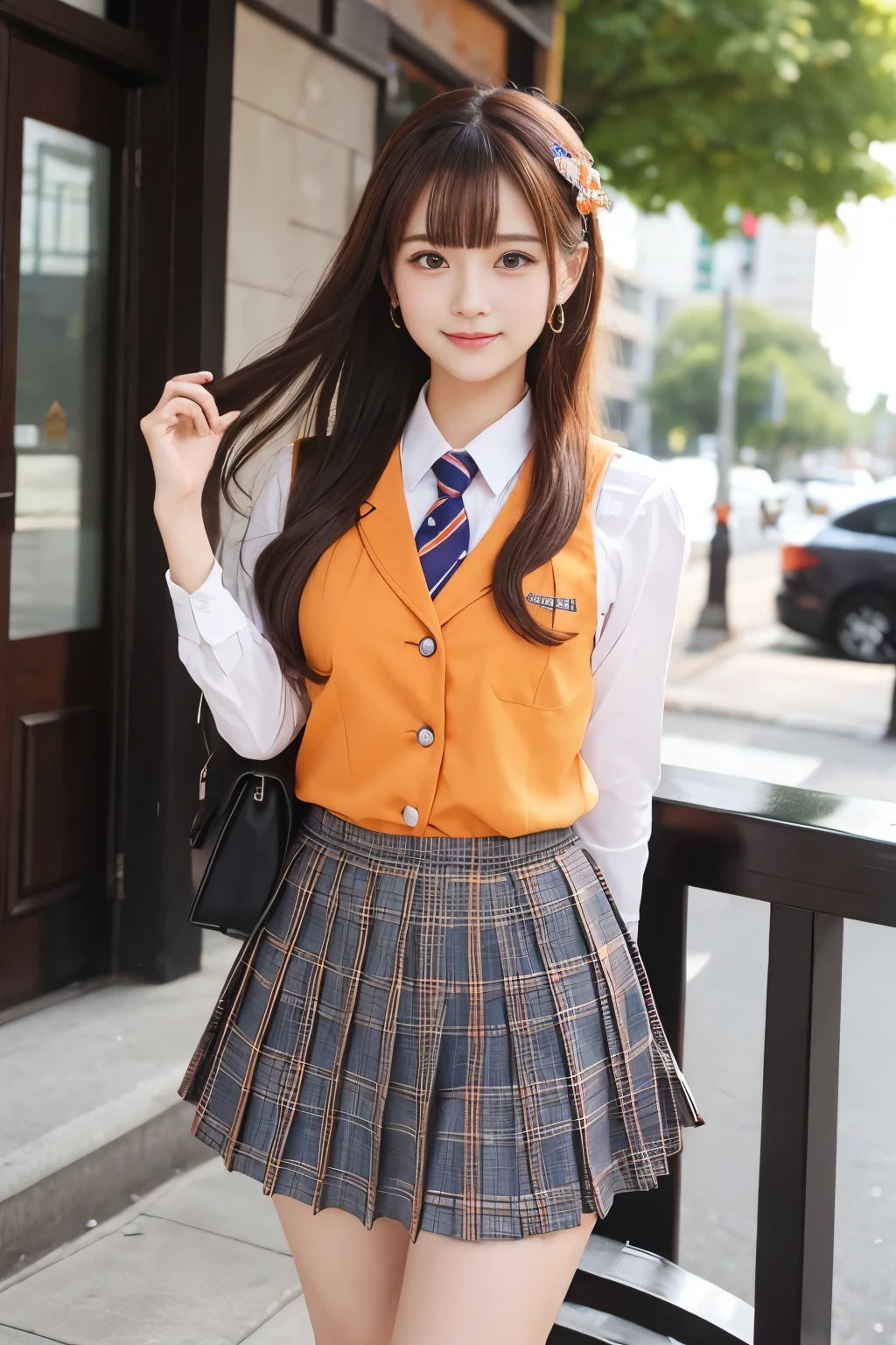 Fairy tale high school girl idol、good style、、shiny orange uniform、whole body、、colorful hair、、