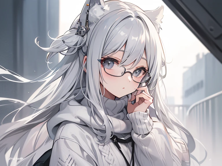 (Highest Quality), (Highest Quality), (Masterpiece), woman, long gray hair, Glasses, (white knit),
