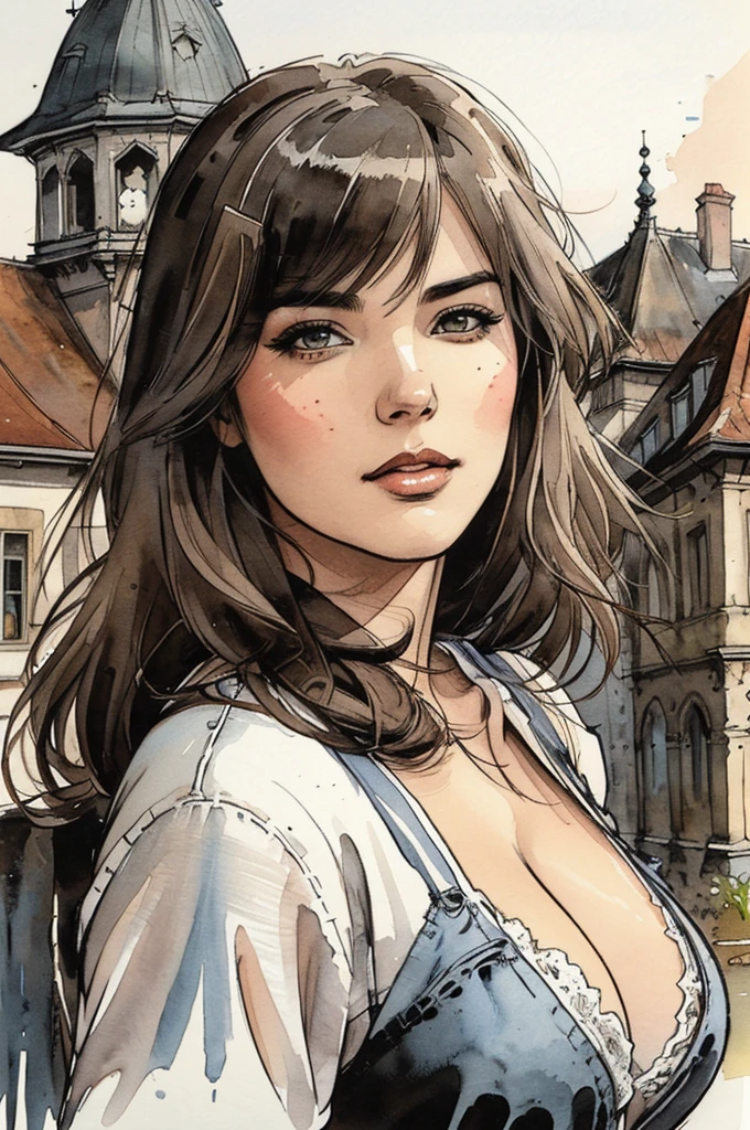 Masterpiece, best quality, only one very beautiful woman wearing a fashionable design Clothes in Bern, ink painting style, with a landmark, Perfect poses, soft colors, flowing brushstrokes, Low angle, ink painting in the style of artists like Russ Mills, Sakimichan, Wlop, Loish, Artgerm, Darek Zabrocki, and Jean-Baptiste Monge