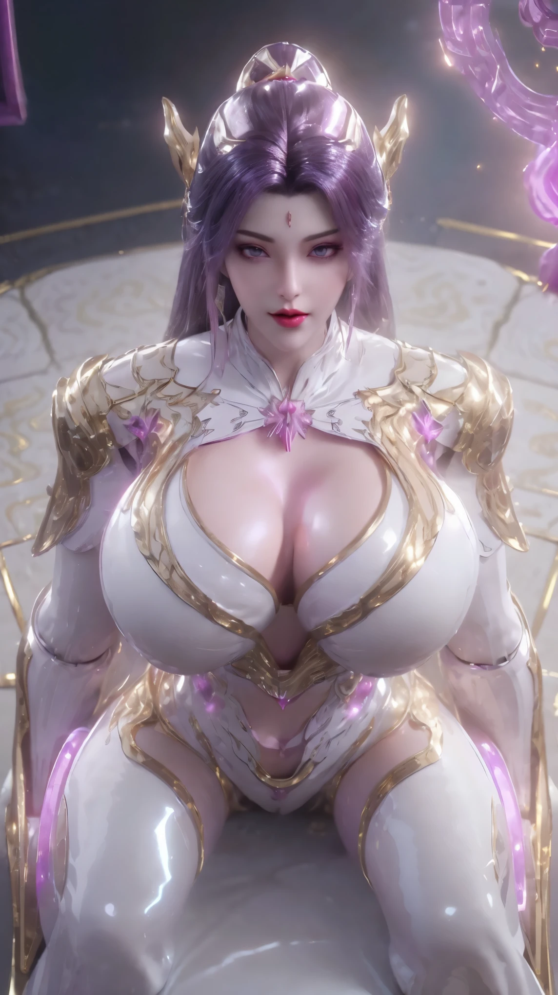 ((Nsfw:1.7,)),A BUSTY MILF, PORTRAIT,UPPER BODY,SOLO,(BEAUTY PURPLE HAIR, GOLD DRAGON HORN), (MASSIVE FAKE BOOBIES,CLEAVAGE TOP,MUSCLE ABS:1.5), (((LED MAGENTA, WHITE, GOLD LINE) SHINY ROBOT MECHANICAL SEX OUTFIT:1.5)),(CURVY VOLUPTUOUS BODY MATURE WOMAN:1.5), (SWEATY GLOSSY BODYSKIN:1.5), (LOOKING AT VIEWER:1.5),(BACKGROUND FUTURISTIC SPACE STATION:1), (PHOTOREALSITIC:1.4), (ULTRA-DETAILLIERT), (TOP-QUALITY), (BEST SHADOWS), BRIGHT LIGHT IN ROOM, HYPER TEXTURE, (4X MSAA), ((UNREAL ENGINE 5 RENDER)), PHYSICALLY-BASED RENDERING, ULTRA HIGHT DEFINITION, 16K, 1080P.