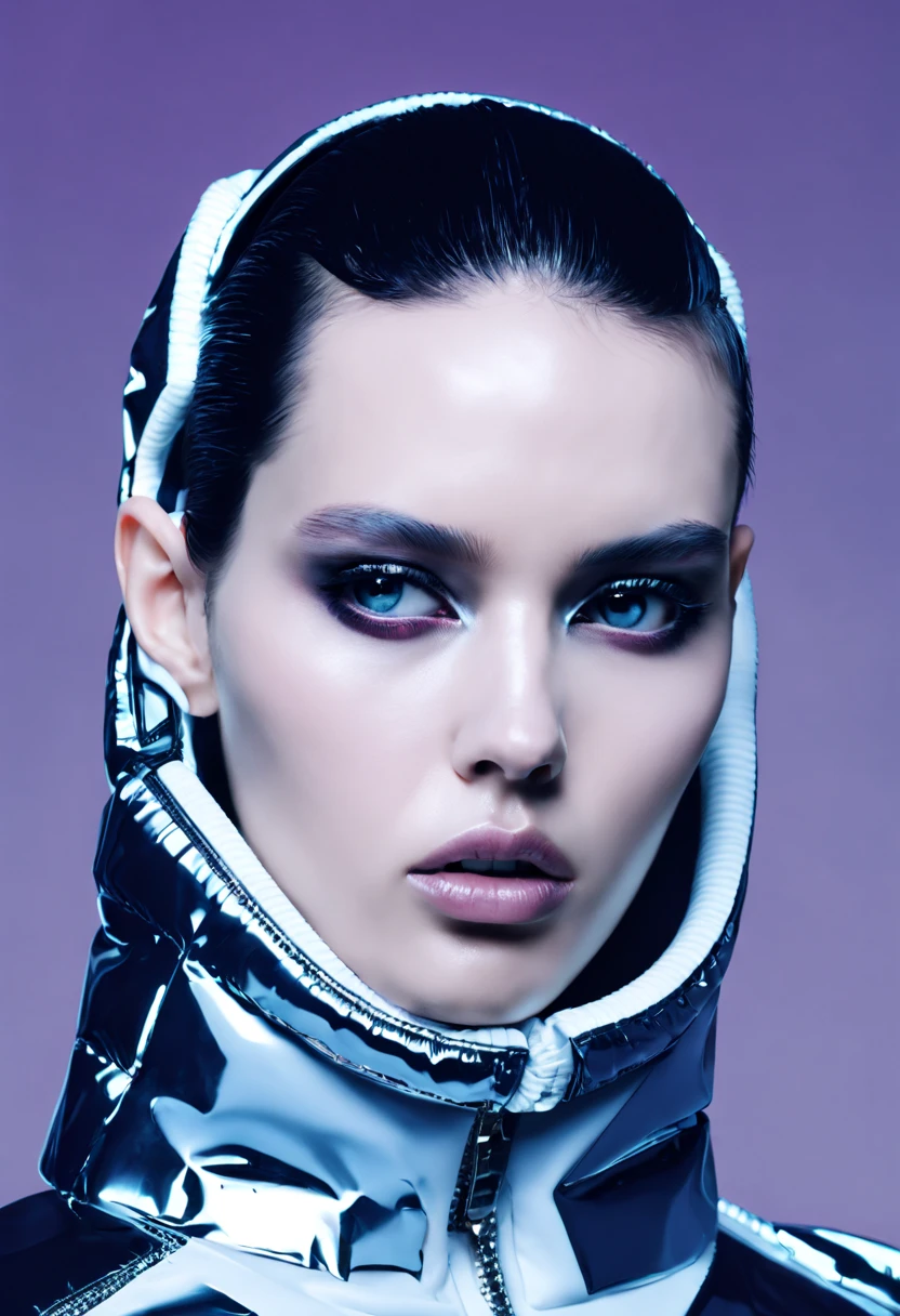 female model, professional photoshoot, sci-fi chic:0.4, futuristic haute couture:0.3, glitch aesthetic:0.3, haute couture:0.4 , portrait close up, by Balenciaga high fashion creator , 