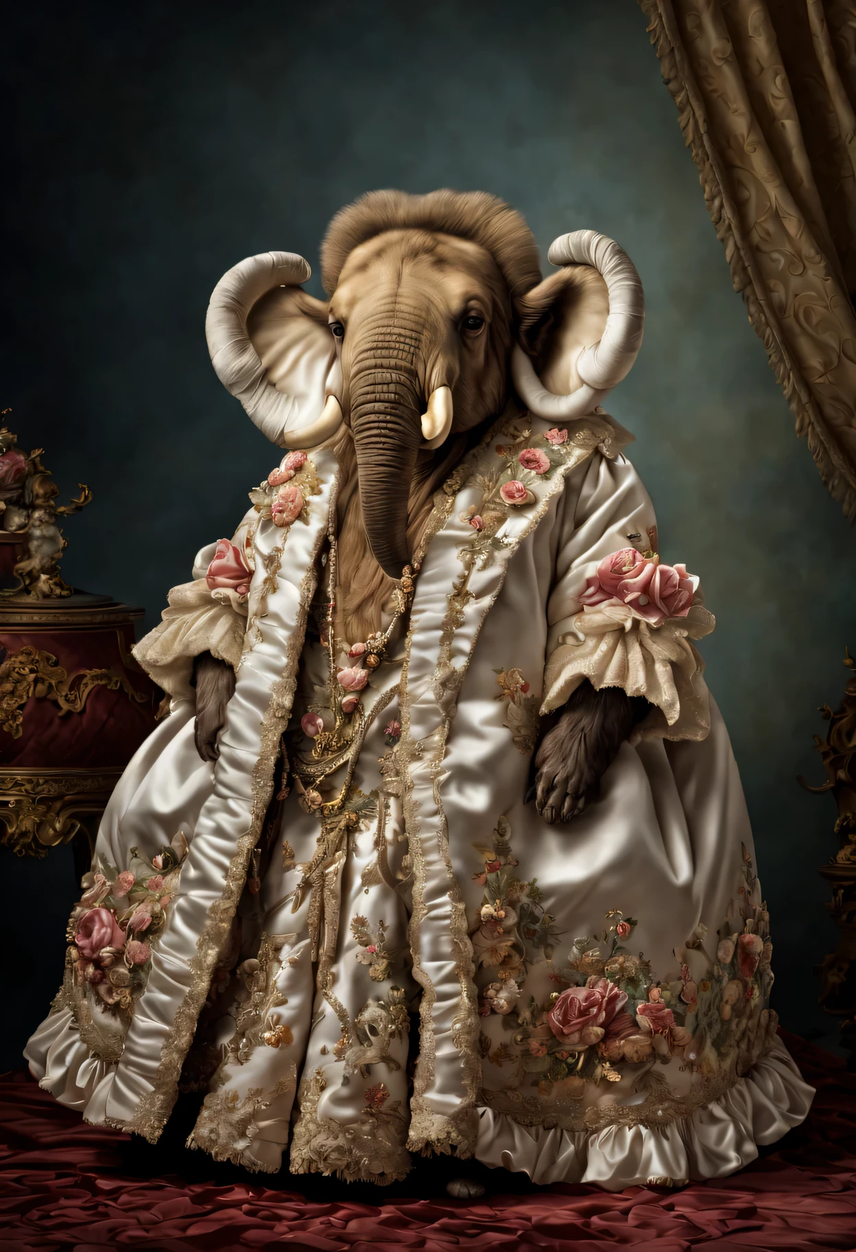 photorealistic portrait of Dressed animals - a fat baby mammoth, (full body image:1.5), Wearing luxury sack-back gown, Old-fashioned luxury dress, detailed and opulent description of a female aristocratic sack-back gown in Rococo style, emphasizing luxurious fabrics, intricate embroidery, and ornate accessories, Rococo style background