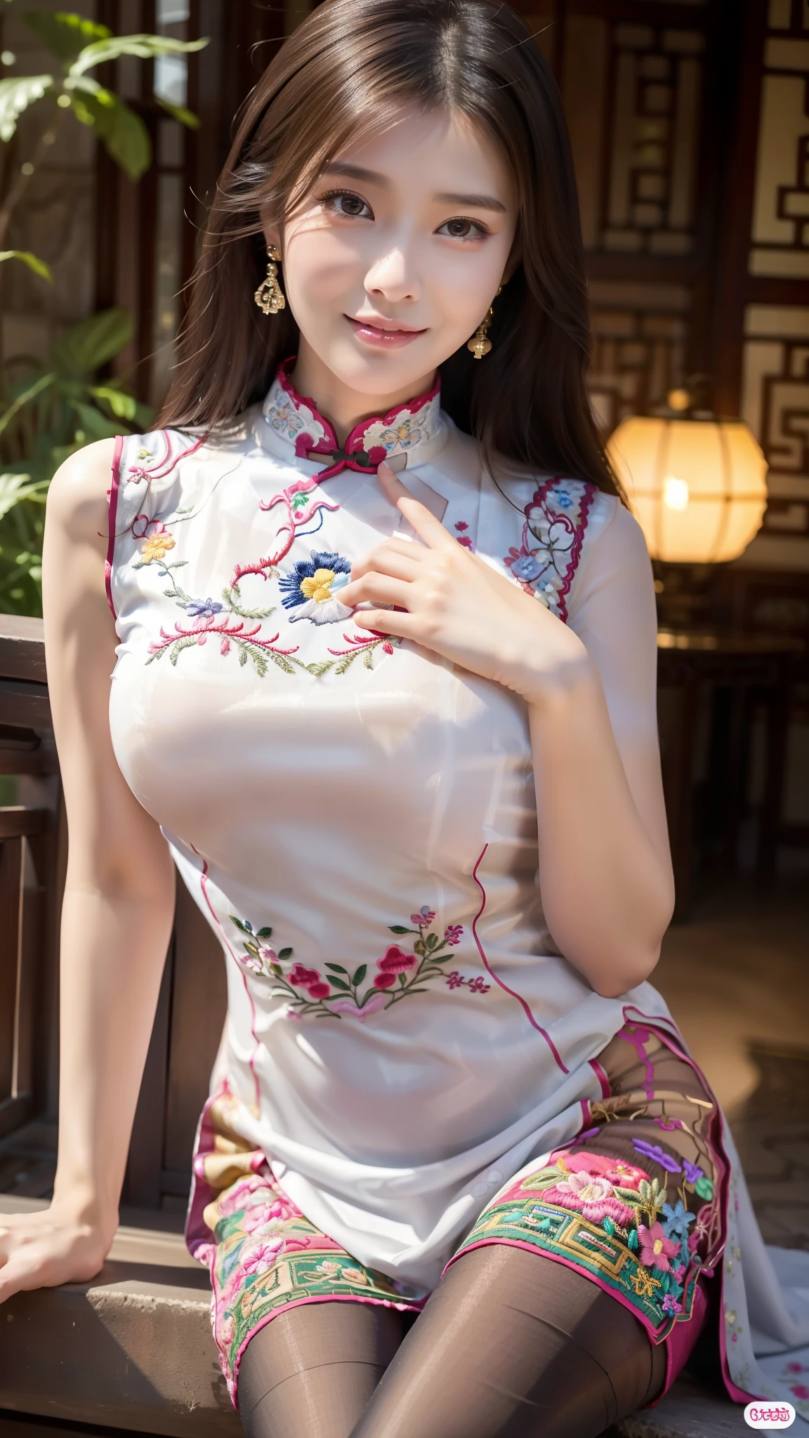 Ulchan-6500-v1.1, (Photo RAW:1.2), (realistic:1.4), delicate beautiful girl, The sparkling eyes give it a very fun atmosphere................. . ......,17 years old, Attractive eyes and moist lips, long black hair,（smile：1.3）,Detailed facial depiction, Formula details, Fine facial features Star Masterpiece Fine Detail, Explain the role in detail ,detailed drawing of hair, Carefully drawn, My body is rippling, detailed hand drawn, Detailed drawing of the garment, Detailed drawing of faces, perfect face, detailed hand drawn, 4 fingers and 1 thumb：1 ,3）,orthofacial,choker necklace, earrings, expert work, very close to reality, (whole body写真： 1.5）), best image quality, highest quality, Unlimited details, 8K resolution,(( (Beautiful patterned embroidered cheongsam 1.5)))((Pink lavender long skirt cheongsam dress)))（Ancient courtyard scene：1.3）,smile, narrowed hips, sexy pose,bold pose, (Beautiful legs visible through the slit of a long skirt) , (super realistic pantyhose:1.3), big full breast, beautifully flowing hair,(whole body), (cute face: 1.15), (big breasts: 1.0) high heels, Big sexy hips, medium sexy thighs