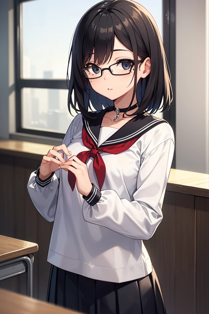 chinatsu, chinatsu, black hair, glasses, mole, (black eyes:1.5), mole under mouth, rimless eyewear, medium hair,
BREAK long sleeves, , serafuku, choker, black choker, skirt, pleated skirt,
BREAK indoors, classroom,
BREAK looking at viewer, (cowboy shot:1.5),
BREAK (masterpiece:1.2), best quality, high resolution, unity 8k wallpaper, (illustration:0.8), (beautiful detailed eyes:1.6), extremely detailed face, perfect lighting, extremely detailed CG, (perfect hands, perfect anatomy),