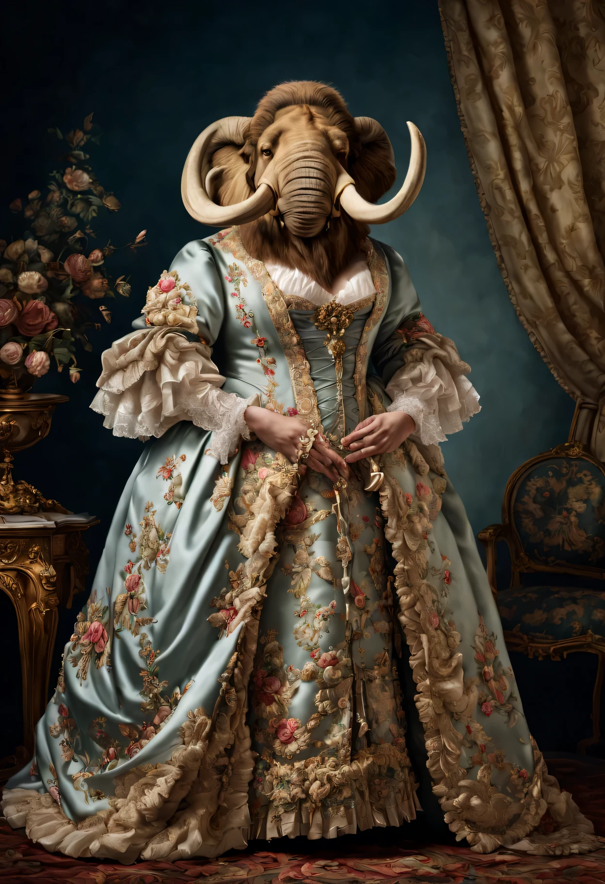 photorealistic portrait of Dressed animals - a fat mammoth, (full body image:1.5), Wearing luxury sack-back gown, Old-fashioned luxury dress, detailed and opulent description of a female aristocratic sack-back gown in Rococo style, emphasizing luxurious fabrics, intricate embroidery, and ornate accessories, Rococo style background