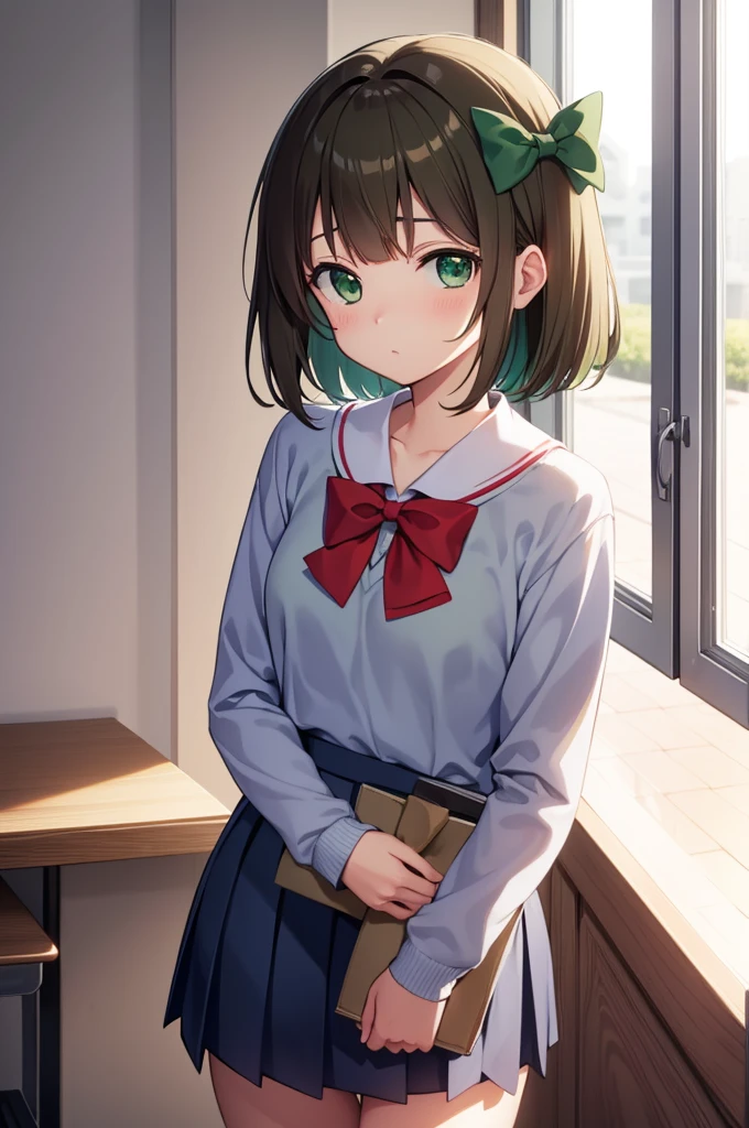 harukaamami, haruka amami, brown hair, (green eyes:1.5), short hair, (hair bow:1.5), hair ribbon, bangs, blunt bangs, (small breast:1.2),
BREAK bag, bow, , serafuku, skirt, sweater, long sleeves, red bow, blue skirt, grey sweater,
BREAK looking at viewer,
BREAK indoors, classroom,
BREAK (masterpiece:1.2), best quality, high resolution, unity 8k wallpaper, (illustration:0.8), (beautiful detailed eyes:1.6), extremely detailed face, perfect lighting, extremely detailed CG, (perfect hands, perfect anatomy),