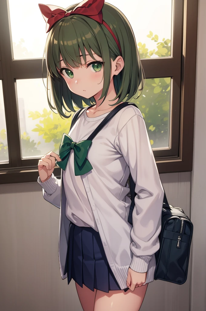 harukaamami, haruka amami, brown hair, (green eyes:1.5), short hair, (hair bow:1.5), hair ribbon, bangs, blunt bangs, (small breast:1.2),
BREAK bag, bow, , serafuku, skirt, sweater, long sleeves, red bow, blue skirt, grey sweater,
BREAK looking at viewer,
BREAK indoors, classroom,
BREAK (masterpiece:1.2), best quality, high resolution, unity 8k wallpaper, (illustration:0.8), (beautiful detailed eyes:1.6), extremely detailed face, perfect lighting, extremely detailed CG, (perfect hands, perfect anatomy),