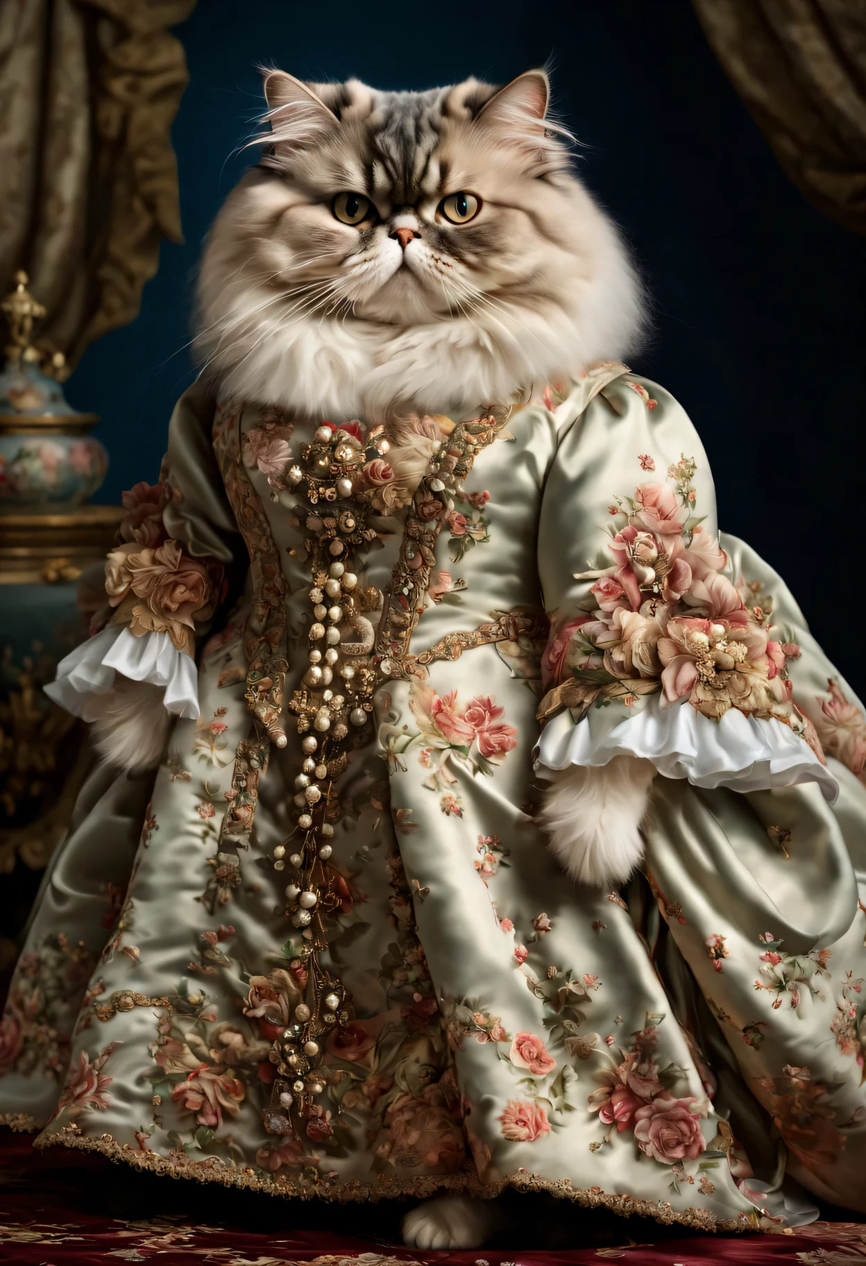 photorealistic portrait of Dressed animals - a fat Persian cat, (full body image:1.5), Wearing luxury sack-back gown, Old-fashioned luxury dress, detailed and opulent description of a female aristocratic sack-back gown in Rococo style, emphasizing luxurious fabrics, intricate embroidery, and ornate accessories, Rococo style background