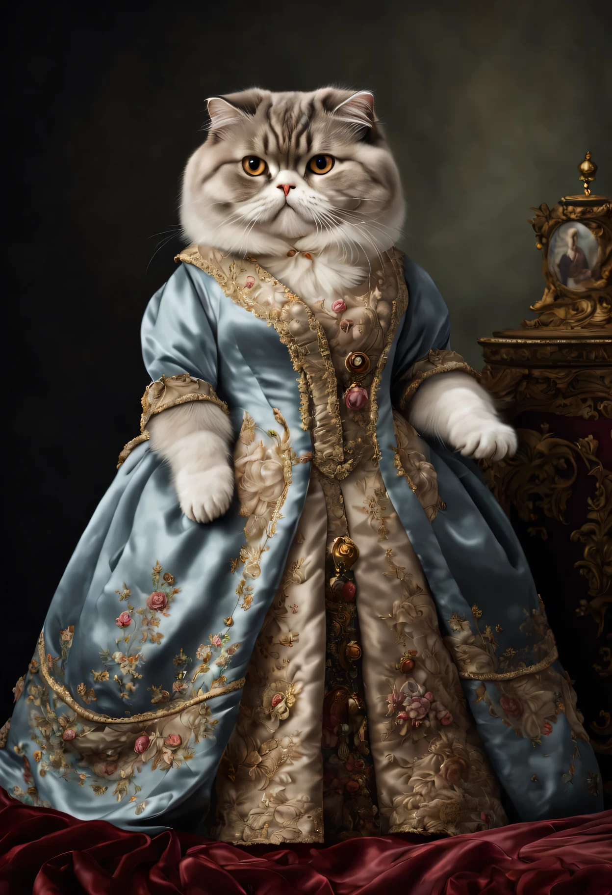 photorealistic portrait of Dressed animals - a fat Scottish Fold Longhair cat, (full body image:1.5), Wearing luxury sack-back gown, Old-fashioned luxury dress, detailed and opulent description of a female aristocratic sack-back gown in Rococo style, emphasizing luxurious fabrics, intricate embroidery, and ornate accessories, Rococo style background