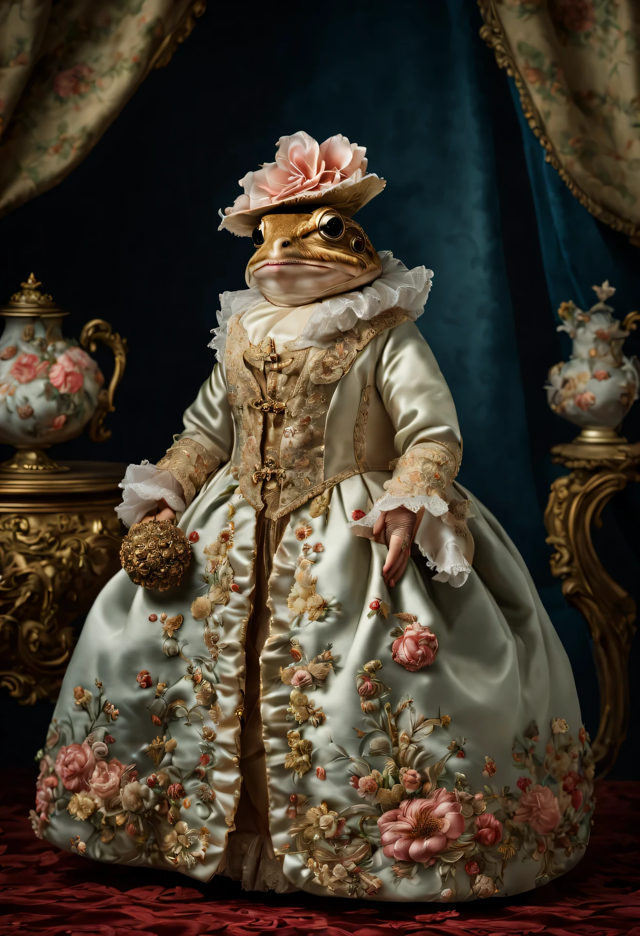 photorealistic portrait of Dressed animals - a fat  toad, (full body image:1.5), Wearing luxury sack-back gown, Old-fashioned luxury dress, detailed and opulent description of a female aristocratic sack-back gown in Rococo style, emphasizing luxurious fabrics, intricate embroidery, and ornate accessories, Rococo style background