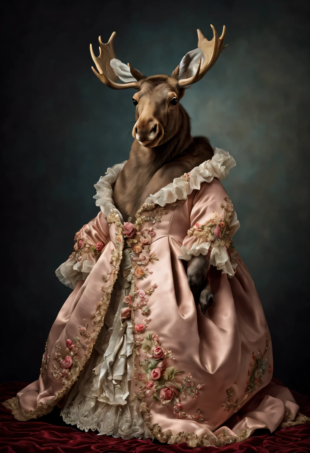 photorealistic portrait of Dressed animals - a fat baby moose, (full body image:1.5), Wearing luxury sack-back gown, Old-fashioned luxury dress, detailed and opulent description of a female aristocratic sack-back gown in Rococo style, emphasizing luxurious fabrics, intricate embroidery, and ornate accessories, Rococo style background