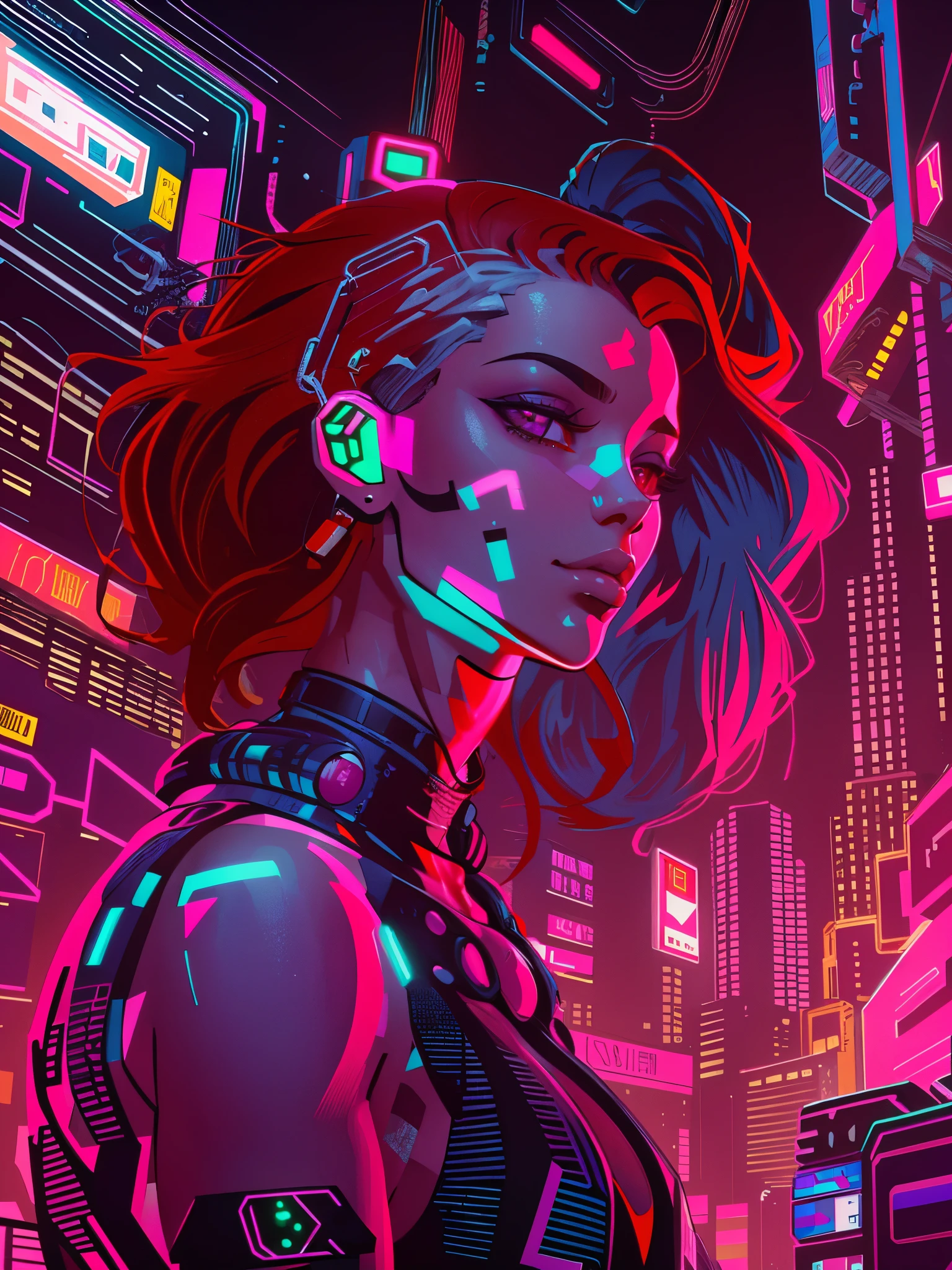 a digital painting of a woman with red hair, cyberpunk art by Josan Gonzalez, behance contest winner, afrofuturism, synthwave, neon, glowing neon