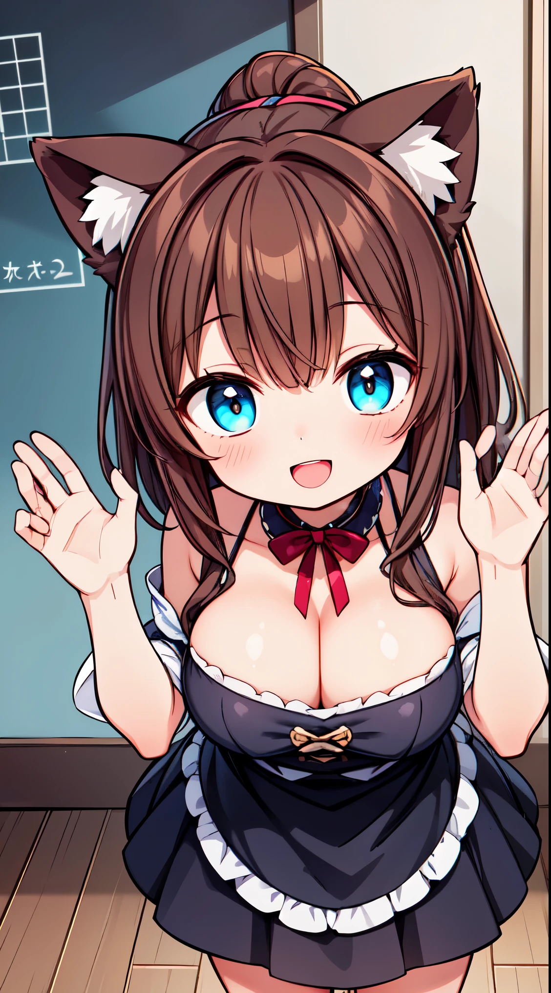 (super fine illustration:1.2),(masterpiece, 8k), (best quality, high quality:1.4), perfect anatomy, hyper detailed, ultra detailed,masterpiece background,beautiful detailed background, v8k wallpaper,perfect design,award-winning art,atmospheric,
BREAK, (Cute:1.5),(Chibi:0.6),(kawaii:1.5),(:0.5),BREAK,1 beautiful girl, ( years old girl), Very detailed, colourfull, highest details, BREAK, (Huge breasts: 1. 2), Clear skin, Beautiful skin, Shy skin, 1 beautiful girl, (Brown hair:1.75), (fluffy Big cat ears, Ponytail, medium-Long hair: 1. 2), (Light blue eyes, long eyelashes, Double eyelids: 1. 2),Solo,gleaming skin, Clear skin, Beautiful skin,(best quality face),(Top quality glowing eyes),(The best smile,:D:1.45), nose blush, sleepy, grin, open mouth, skin,Clear skin, Beautiful skin,( A smile:1.5),
BREAK Yucatán Mayan Elegance,
Elegant huipil dress with intricate Mayan embroidery,
Tassel details on the sleeves or hem for added flair,
Contrasting colors inspired by the vibrant hues of Yucatán,
Huaraches with beaded straps for a touch of craftsmanship,
Traditional straw hat or sombrero for a Yucatecan look,
Coral or turquoise jewelry to complement the ensemble,
Bold lipstick in a coral or red shade,
Braided updo or intricate hairstyles influenced by Mayan culture,
Lightweight shawl or rebozo draped over the shoulders, standing,whole body,High five,school classroom,
BREAK,wakame,wakame,wakame,(from above,cowboy shot:1.5) , hanging breasts, nose blush, heavy breathing, steam, ((:o):1.2)
BREAK, an anime drawing,tone mapping,color field,Detailed Glow,Best Illumination,Super Detail,Best Light,High Resolution,Intricate Detail,Hyper Detail,