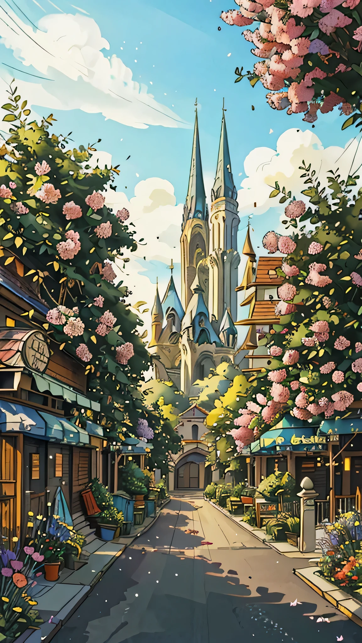 A street view featuring skyscrapers and castles surrounded by beautiful trees and flowers. The image should be ultra-detailed and have a realistic, photorealistic quality. The colors should be vibrant and the atmosphere should be enhanced with atmospheric lighting, ultra HD, 8k.