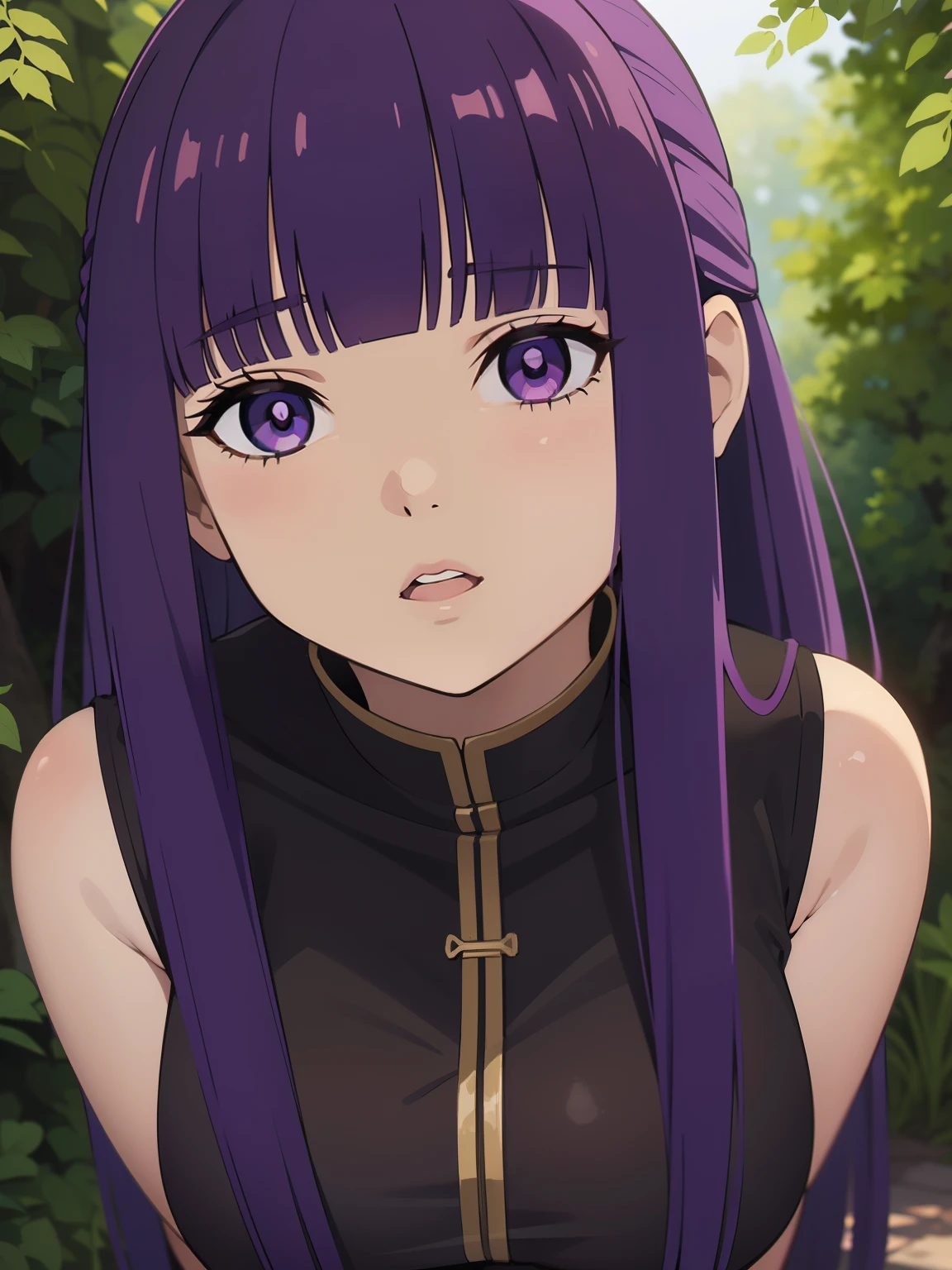 freirenfern, fern, purple hair, long hair, purple eyes, blunt bangs, sidelocks, half updo, bright pupils, (large breasts, 1 girl), BREAK Masterpiece, best quality, high resolution, 8K, official art, super resolution, extremely detailed and beautiful, extremely detailed, amazing and detailed, highly detailed beautiful girl, highly detailed face, highly detailed eyes, highly detailed skin, highly detailed fingers, highly detailed nose, very detailed mouth, perfect anatomy, BREAK Full body shot, extremely detailed CG unity 16k, very fine 16KCG wallpapers, light blush, China Cheongsam, forest,
