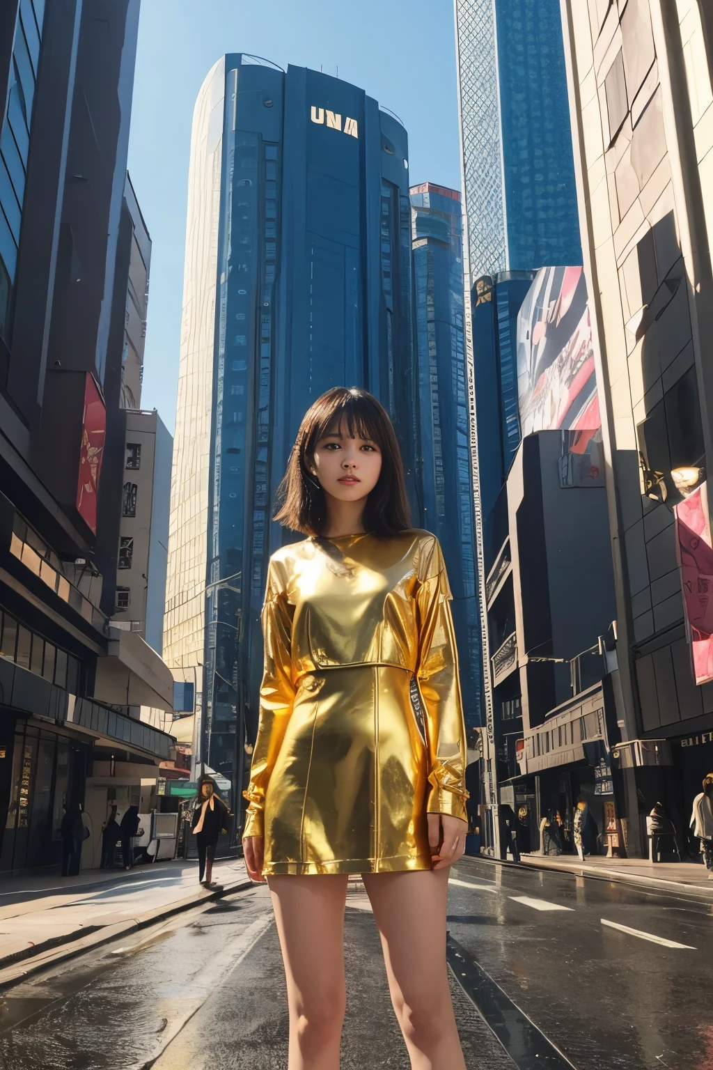 Shining girl、good style、、、whole body、、、Cyberpunk Building、gold