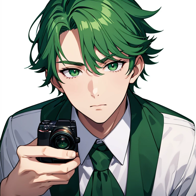 18 year old man with green hair, green eyes, wearing a school uniform, taking a photo shoot, portrait, white background, very detailed