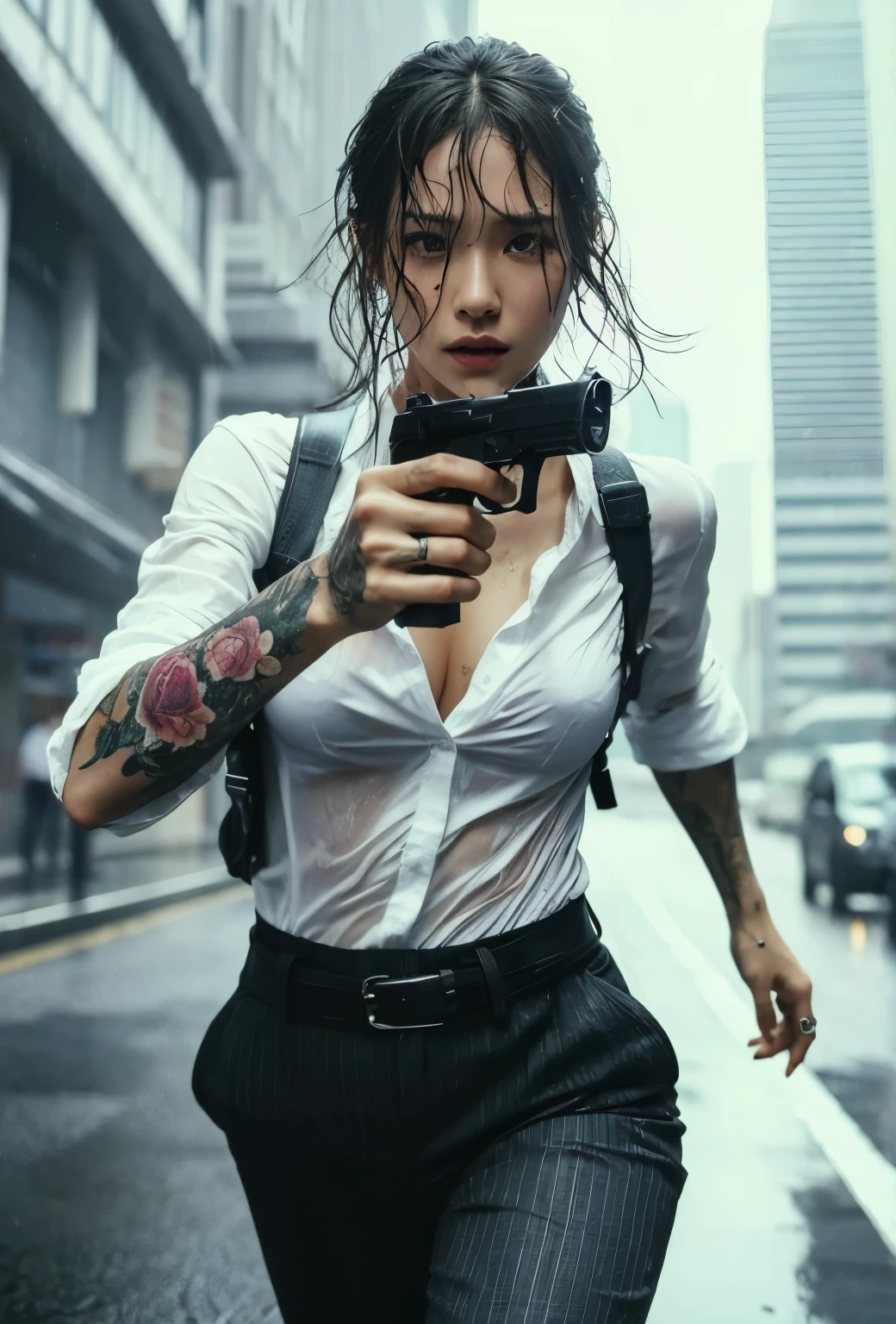 Photoreal、realistic skin texture、tattoo、gun、scratch、Blood、rain、Wet expression