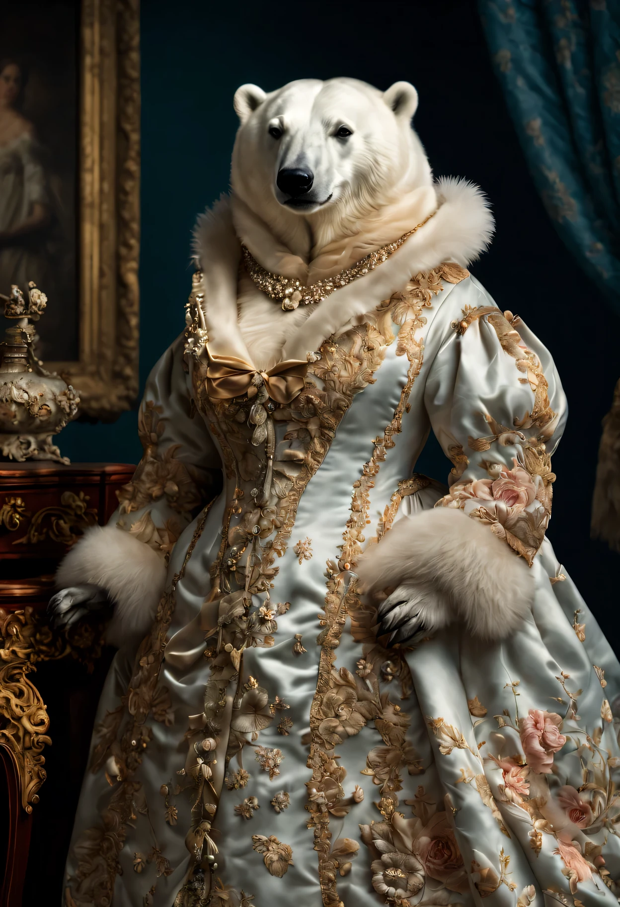 photorealistic portrait of Dressed animals - a fat polar bear, (full body image:1.5), Wearing luxury sack-back gown, Old-fashioned luxury dress, detailed and opulent description of a female aristocratic sack-back gown in Rococo style, emphasizing luxurious fabrics, intricate embroidery, and ornate accessories, Rococo style background