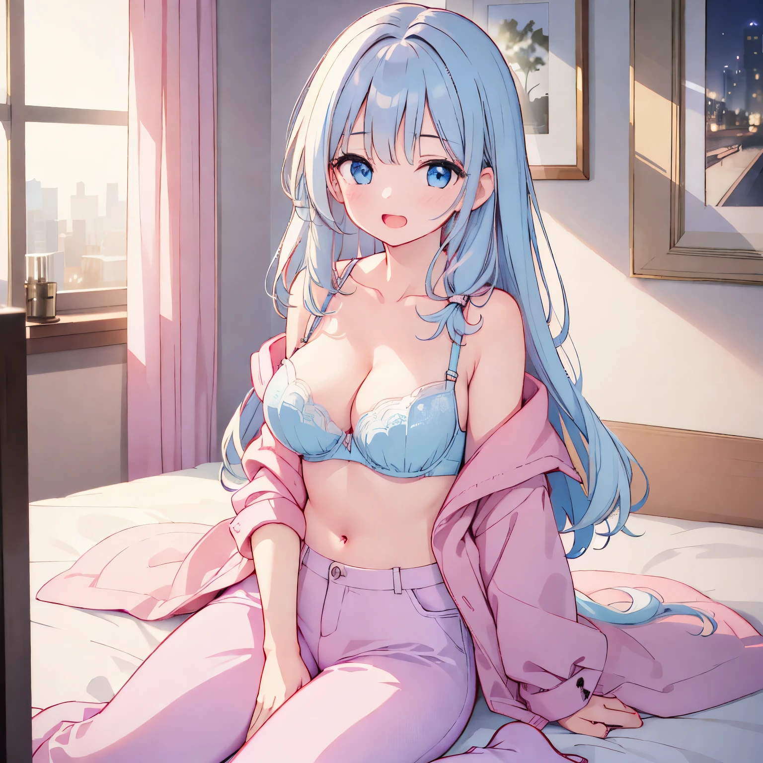 Extremely detailed, disorganized, ultra high resolution, super detailed, highest quality,
(wearing a pastel colored bra , Wearing pastel colored pants :1.3),
1 girl, alone, smile, smile, open your mouth,
(sitting on the bed), seductive pose, cowboy shot, looking at the viewer,
thin, cute, perfectly symmetrical face, 超cute girl, 超cute face, highly detailed eyes, super detailed髪, 超cute, super beautiful,
Made by Canon EOS, SIGMA Art Lens 35mm F1.4, ISO200 Shutter speed 2000,
elegant hotel room, closed curtains, antique interior, super detailed背景,
cinematic light, indirect lighting, evening light, Depth of bounds written,
medium to large breasts, ,
(white long hair, blue eyes),