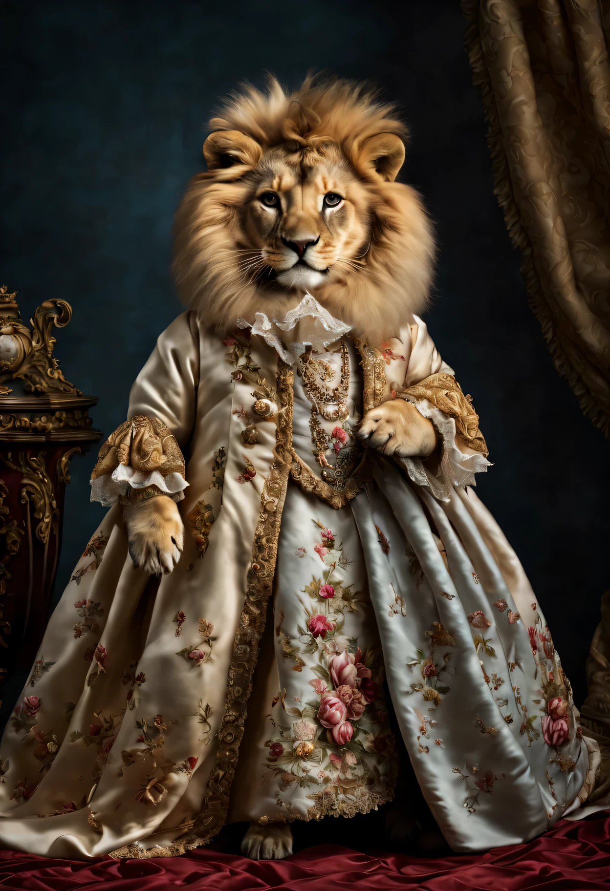 photorealistic portrait of Dressed animals - a fat lion, (full body image:1.5), Wearing luxury sack-back gown, Old-fashioned luxury dress, detailed and opulent description of a female aristocratic sack-back gown in Rococo style, emphasizing luxurious fabrics, intricate embroidery, and ornate accessories, Rococo style background