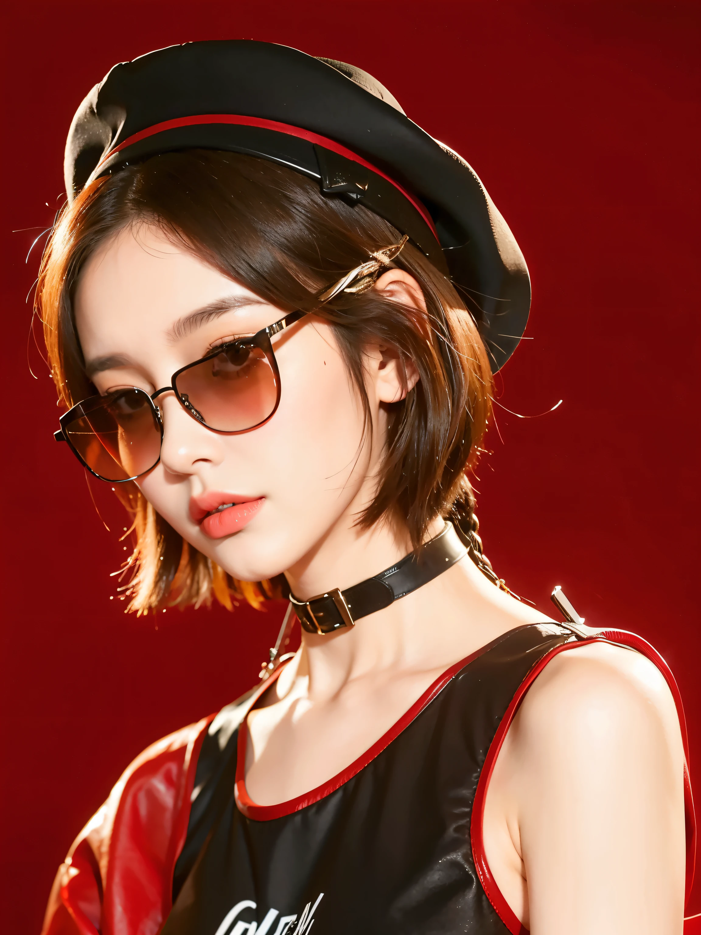 araffe woman wearing a black hat and sunglasses posing for a picture, sun yunjoo, trending on cgstation, artwork in the style of guweiz, persona 5 art style wlop, trending at cgstation, kda, wearing red tainted glasses, high quality portrait, guweiz, with sunglass, beret and sunglasses