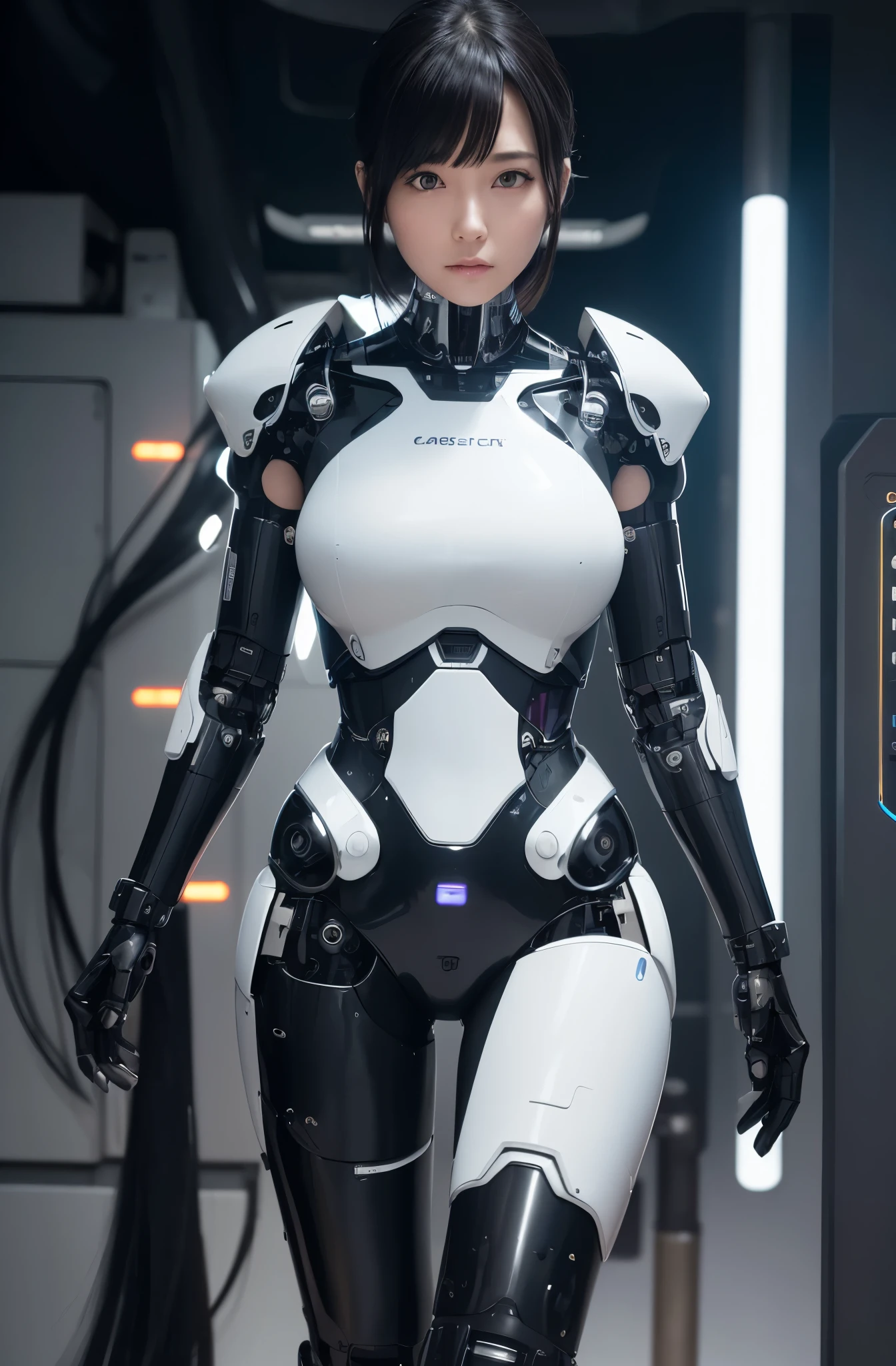 masterpiece, best quality, (photorealistic:1.4), (RAW photo)(8K, 4K, Best Quality, hight resolution, 超A high resolution:1.1), (masutepiece, Realistic, Photorealsitic:1.1), 2girl in, Japaese Cyborg Girls,Plump , announcer,control panels,android,Droid,Mechanical Hand, ,clothes with a sense of mechanical technology, Robot arms and legs, Black Robot Parts,Black hair,Mechanical body,Blunt bangs,White abdomen,White robotics parts,tube dress,perfect robot woman,perfect android woman, perfect mechanical woman,future laboratory,android factory,cyborg factory,robot factory,cyber pank,charging spot,long tube,thick cable connected her neck,bowing,maintainance her,repaired her,full eyes,dark black tights,a bit chubby