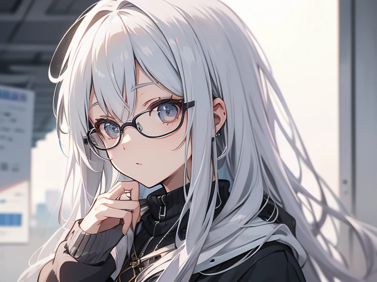 (Highest Quality), (Highest Quality), (Masterpiece), woman, long gray hair, Glasses, (white knit)