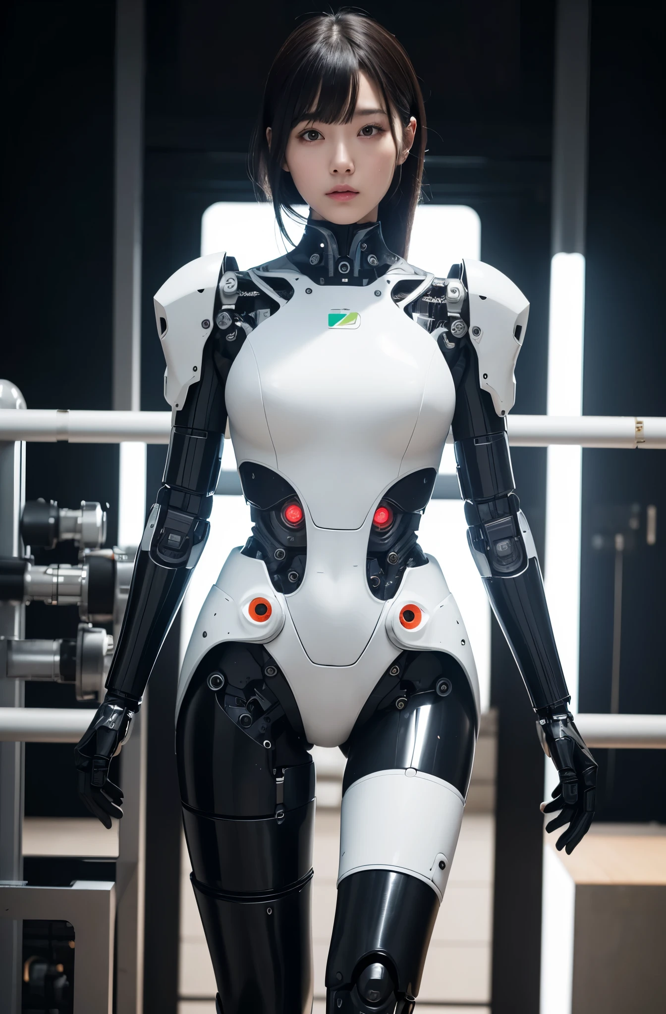 masterpiece, best quality, (photorealistic:1.4), (RAW photo)(8K, 4K, Best Quality, hight resolution, 超A high resolution:1.1), (masutepiece, Realistic, Photorealsitic:1.1), 2girl in, Japaese Cyborg Girls,Plump , announcer,control panels,android,Droid,Mechanical Hand, ,clothes with a sense of mechanical technology, Robot arms and legs, Black Robot Parts,Black hair,Mechanical body,Blunt bangs,White abdomen,White robotics parts,tube dress,perfect robot woman,perfect android woman, perfect mechanical woman,future laboratory,android factory,cyborg factory,robot factory,cyber pank,charging spot,long tube,thick cable connected her neck,bowing,maintainance her,repaired her,full eyes,dark black tights,a bit chubby