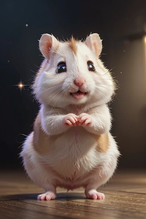 small cute white nice well-fed hamster smiling in the style of Disney Pixar cartoon for children sleek beautiful soft very cute the cutest cute with big sad eyes sparkle too cute and eyes sparkle dancing very cute 