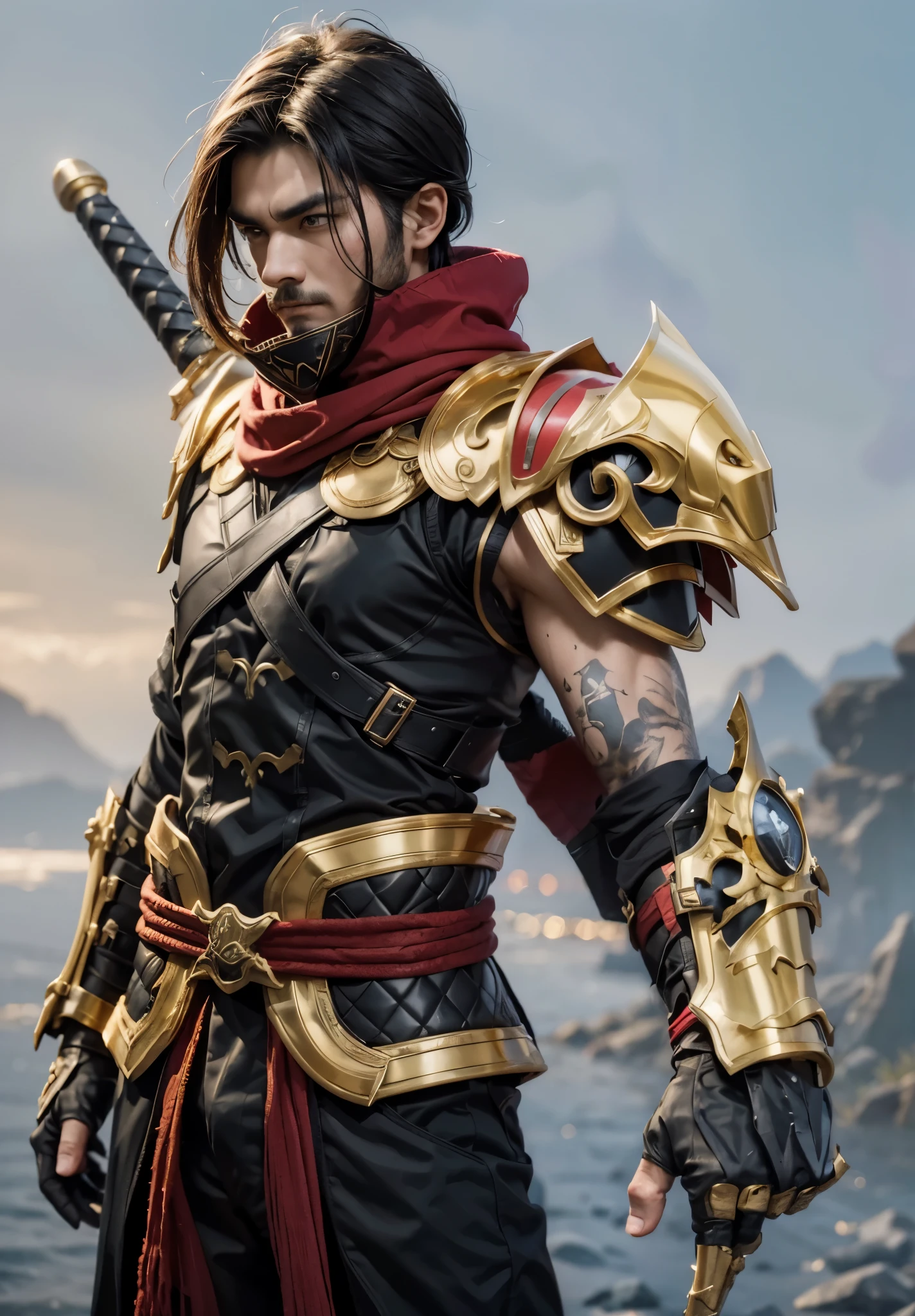 A man with ninja costume armor, A man with sword on back, A man with ninja Balck gold face, A man with red and black armor with gold detail, A man with hand weapon on his hand, Ultra Realistic, Ultra Hd, Ultra Detailing, Hyper Realistic, 8k, 4k ultra hd