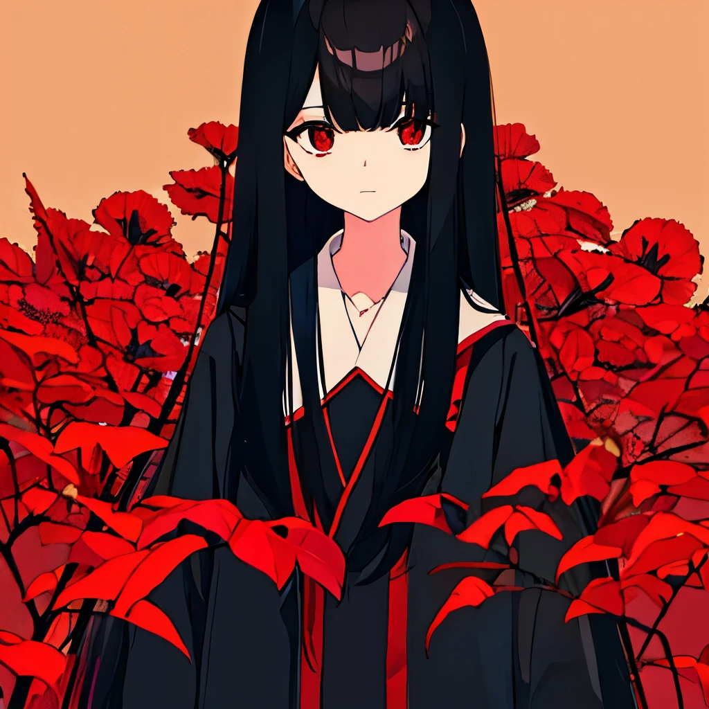 long black hair、uniform、surrounded by red flowers、beige background、moderno、dark atmosphere