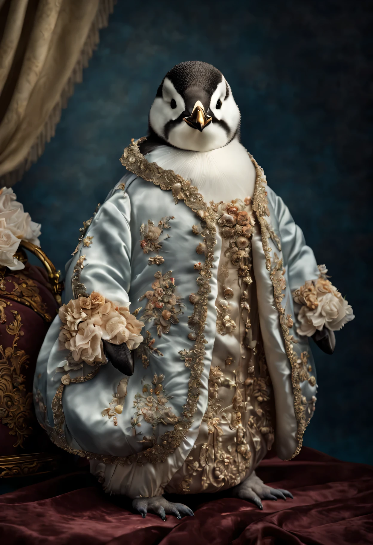 photorealistic portrait of Dressed animals - a fat baby penguin, (full body image:1.5), Wearing luxury sack-back gown, Old-fashioned luxury dress, detailed and opulent description of a female aristocratic sack-back gown in Rococo style, emphasizing luxurious fabrics, intricate embroidery, and ornate accessories, Rococo style background