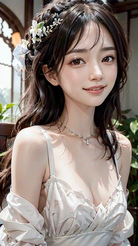 highest quality, ultra nothing, realistic, A photo of a beautiful and cute Japanese woman, detailed face, Beautiful black hair, (white dress with detailed details), Mansion Pool, (Close up head from collarbone), fascinating look, looking at the viewer, happy smile, Bright lighting, 10 years old